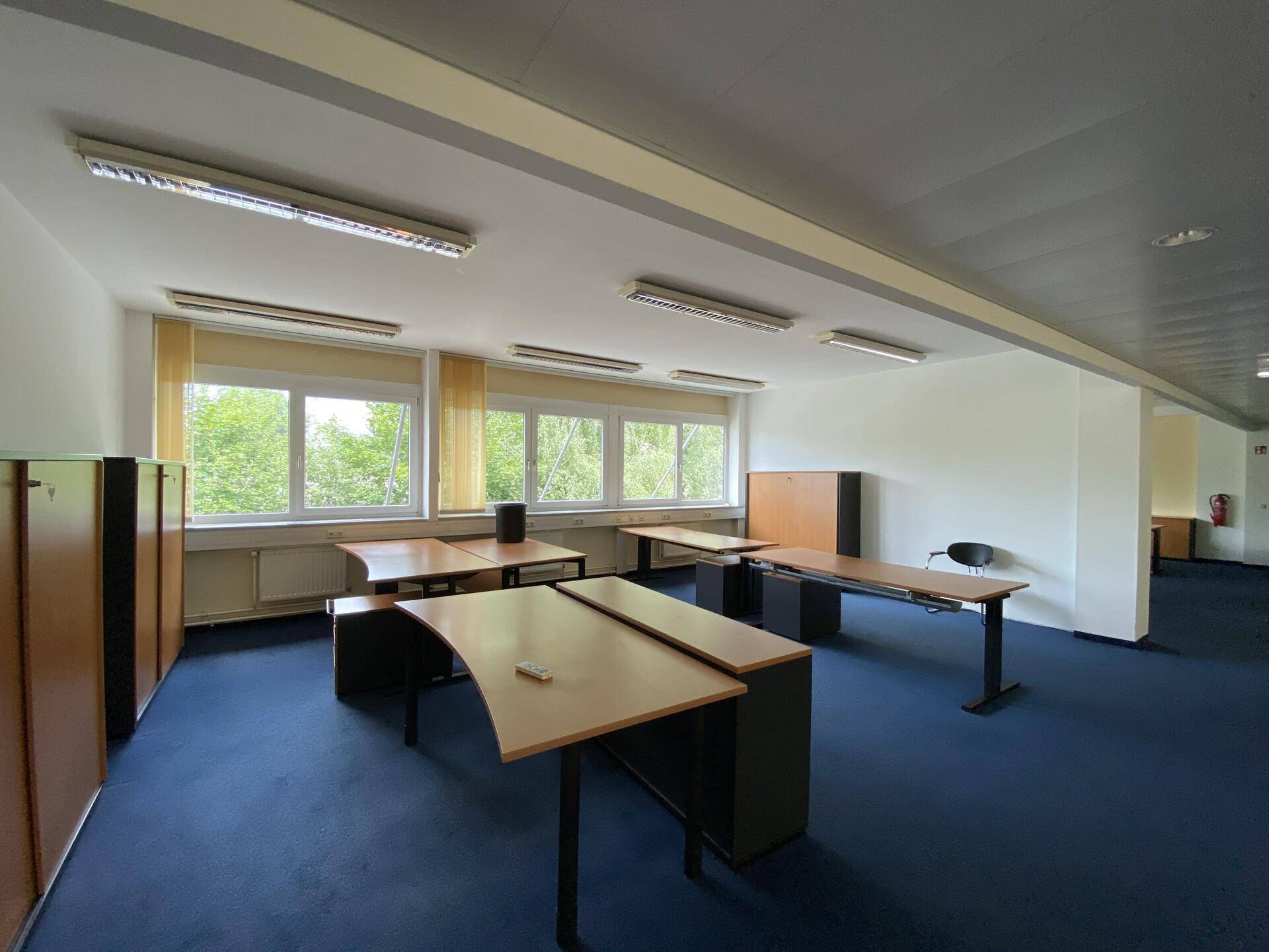 Großes, helles Büro mit blauer Teppichboden, mehreren Arbeitsplätzen und weitem Blick ins Grüne.