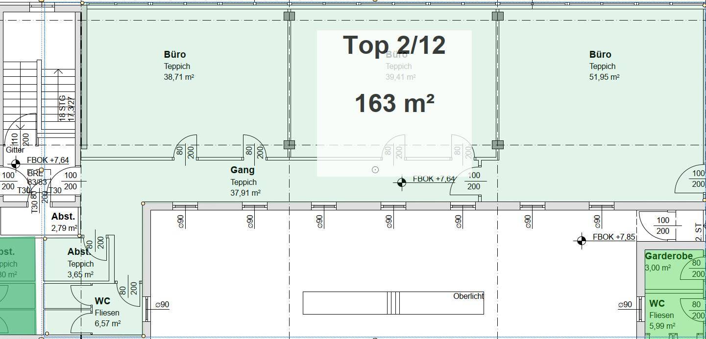 Grundrissplan der Etage mit Büroräumen, Gang und Sanitärbereichen, insgesamt 163 m².