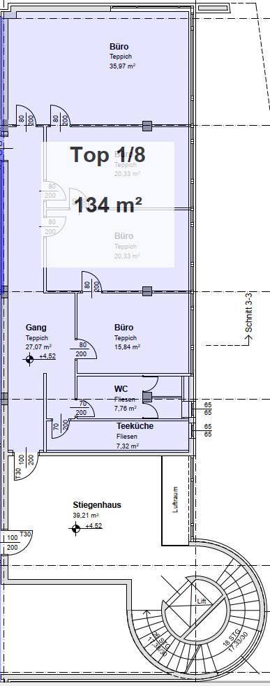 Grundriss einer 134 m² großen Einheit mit mehreren Büroräumen, Teeküche und WC.