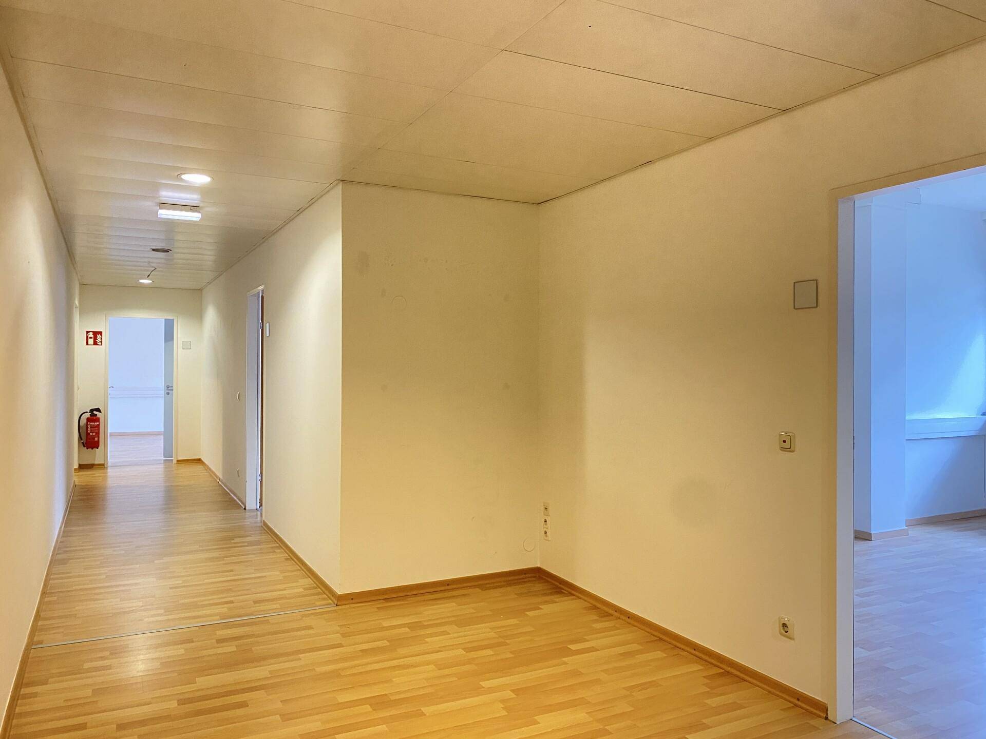Langer, sauberer Flur mit Holzfußboden und mehreren Türen, der zu verschiedenen Räumen führt.