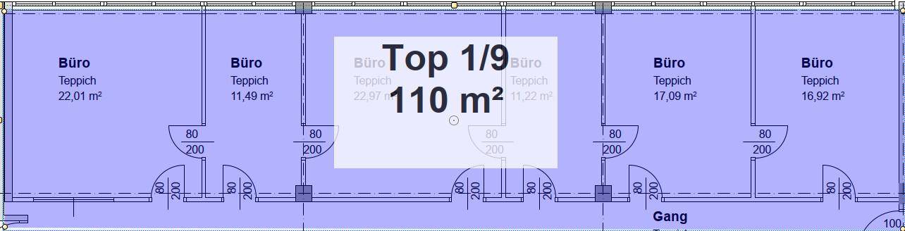 Grundrissplan zeigt mehrere Büroräume mit Teppichboden und Gesamtfläche von 110 m².