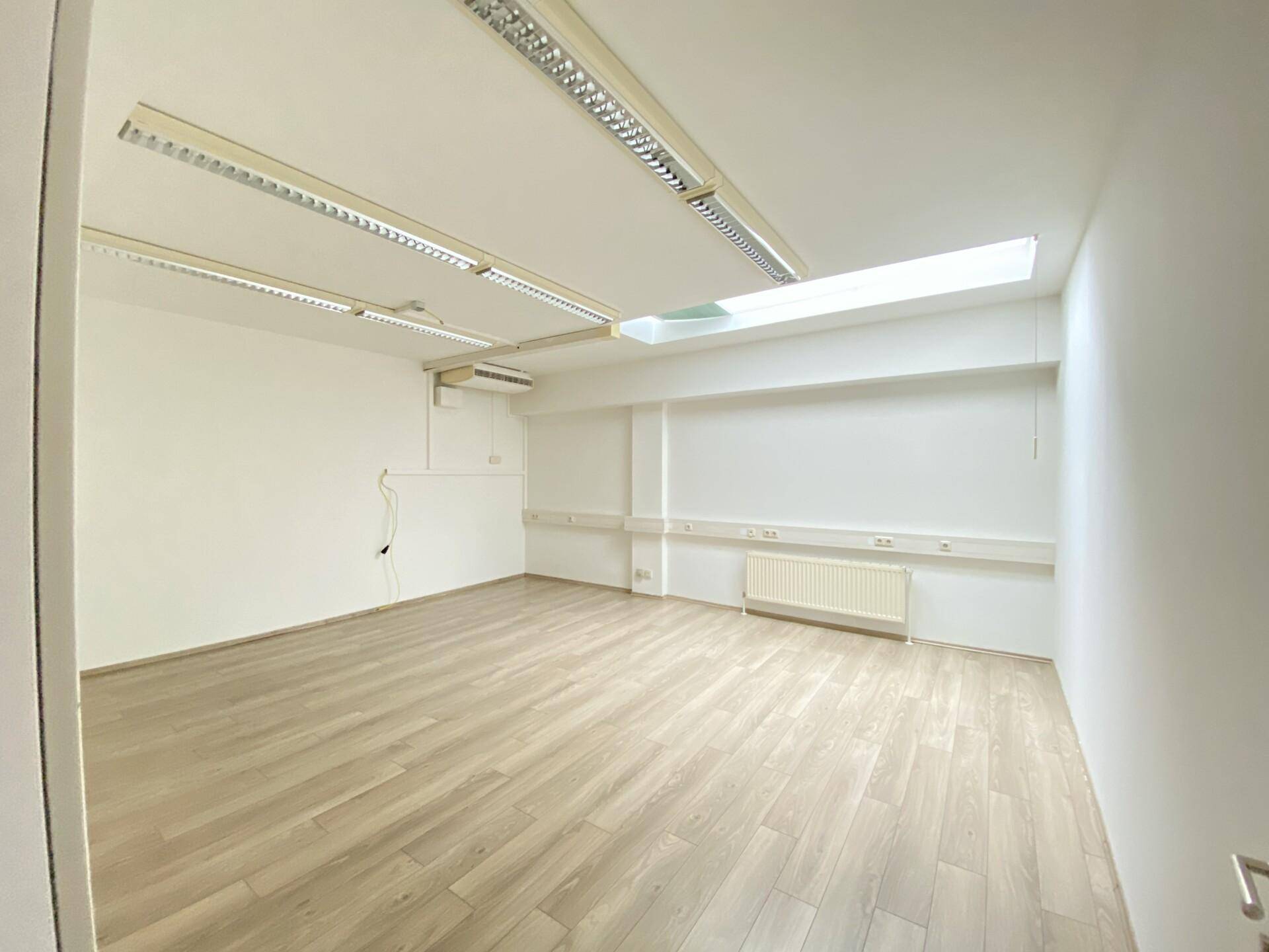 Heller Gewerberaum mit Holzfußboden, weißen Wänden und einem großen Oberlicht, das viel Tageslicht spendet.