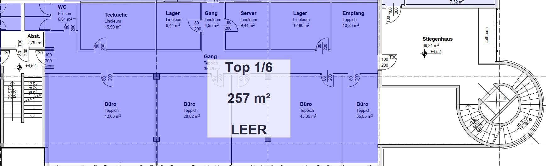 Detaillierter Grundriss einer Büroetage mit verschiedenen Räumen und einer Gesamtfläche von 257 m².