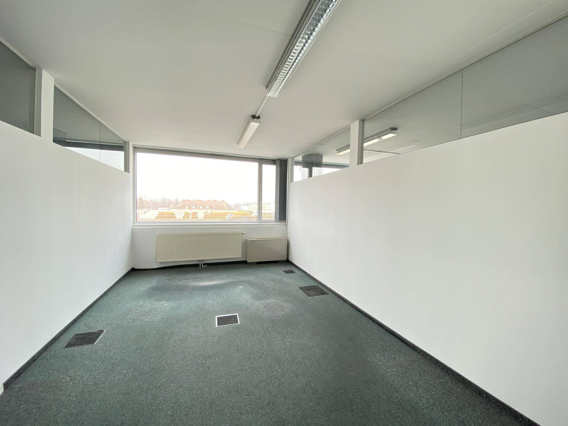 Geräumiger Büroraum mit Teppichboden und Fenster, bietet viel Platz für Arbeitsbereiche.