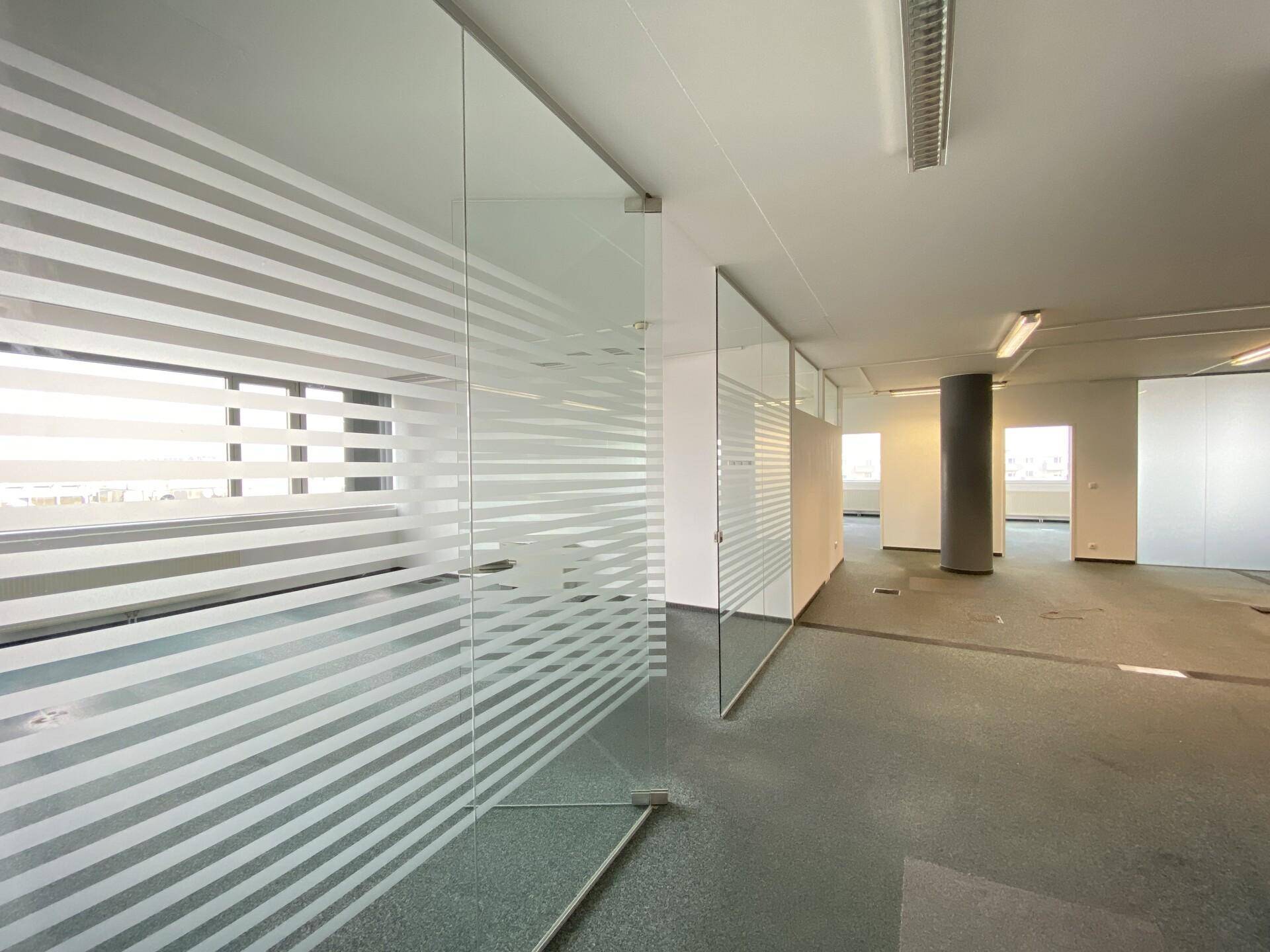 Moderner Bürobereich mit Glaswänden und Teppichboden, schafft eine offene und helle Arbeitsumgebung.