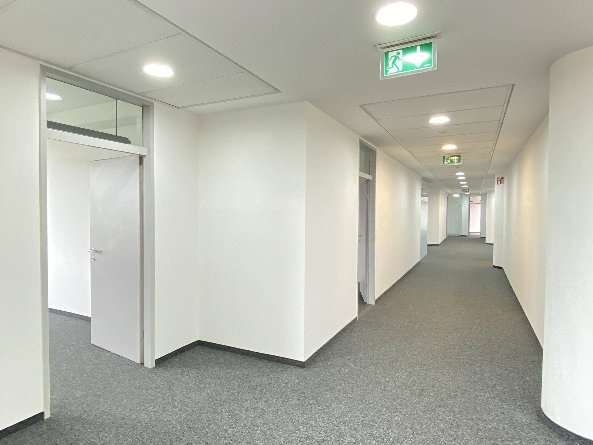 Langer, heller Bürogang mit Teppichboden und mehreren Türen zu den Büroräumen.