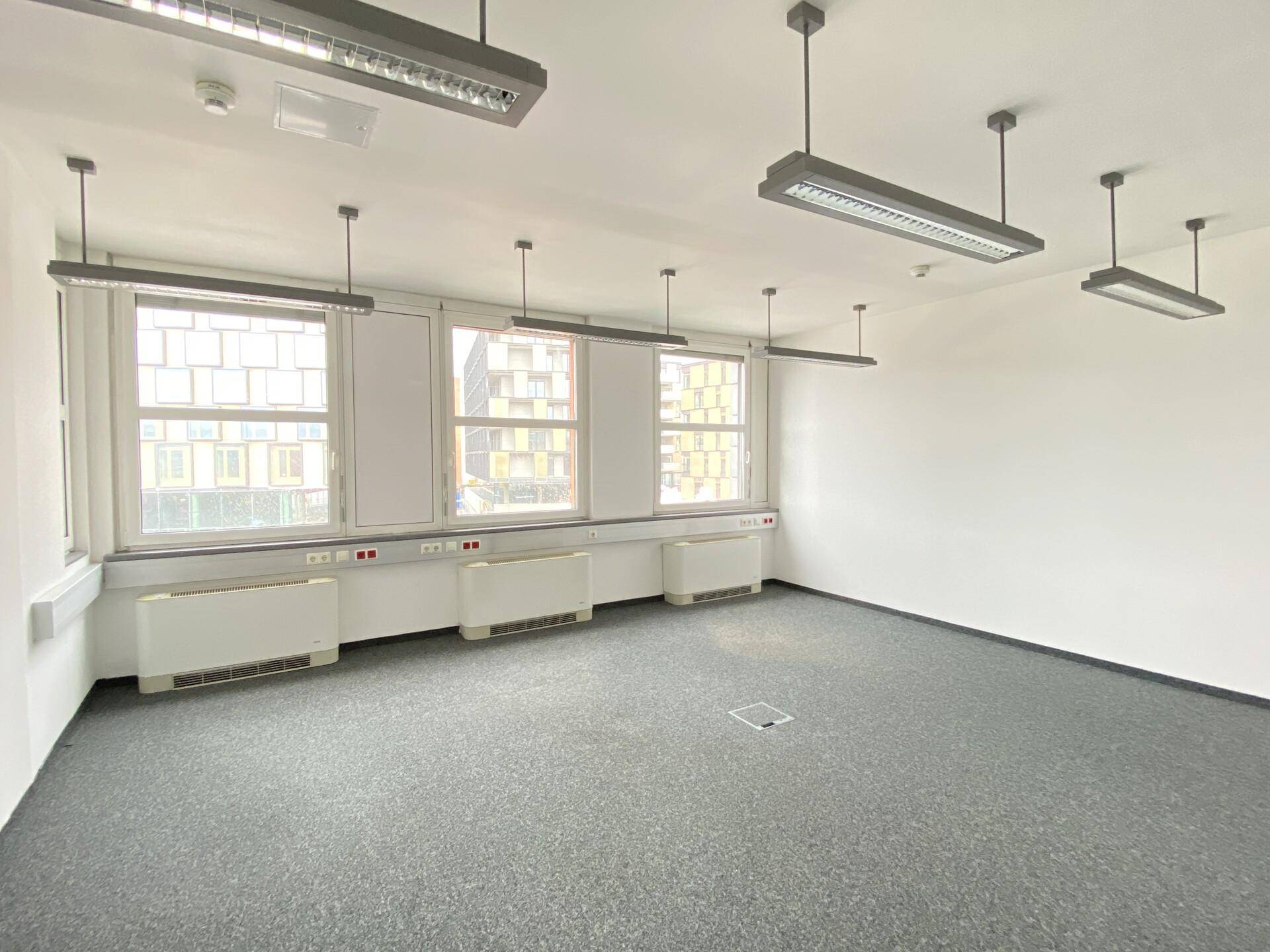 Leeres Büro mit grauem Teppichboden, vielen Fenstern und modernen Deckenleuchten.