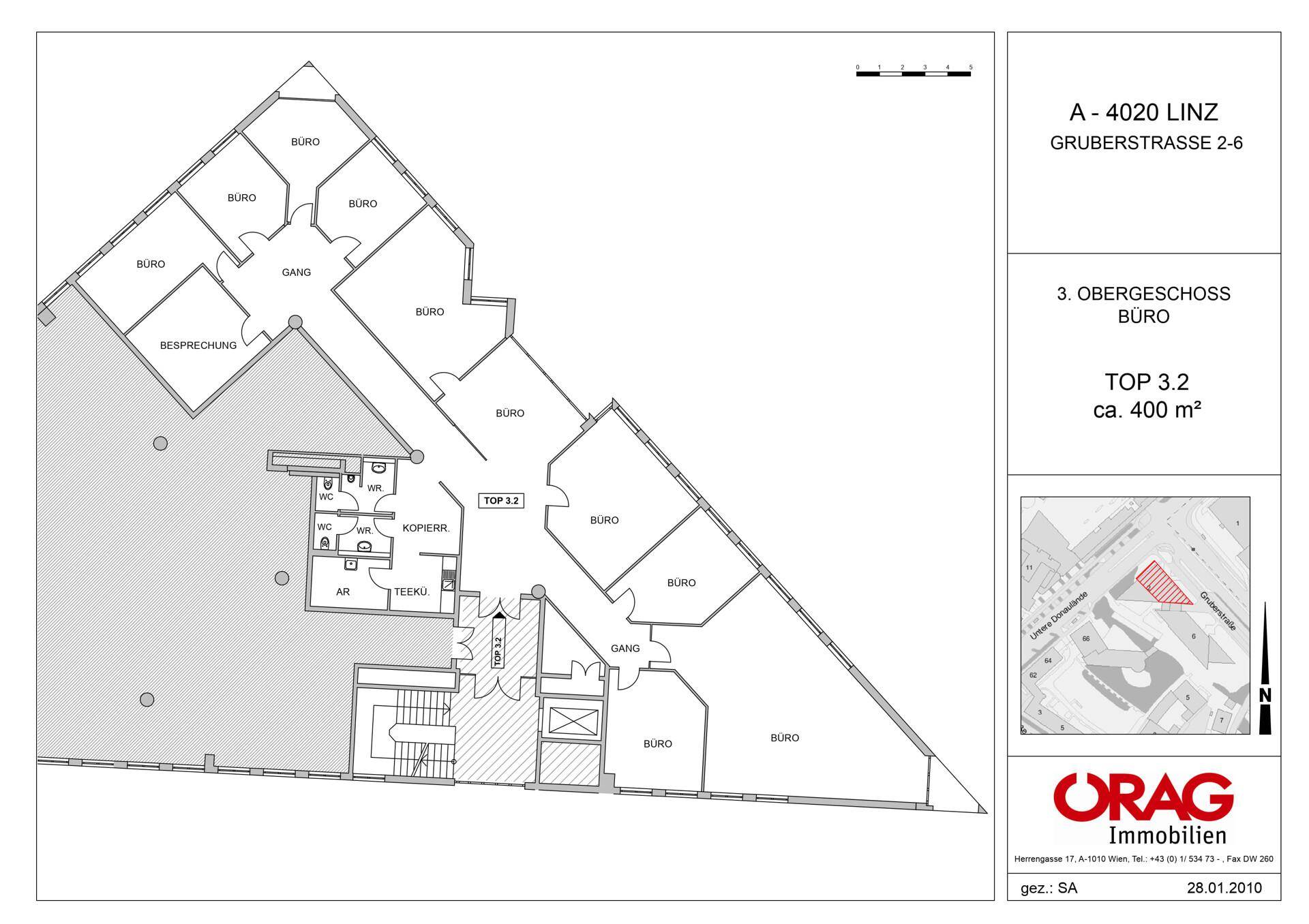 Grundriss des 3. Obergeschosses mit ca. 400 m² Bürofläche und verschiedenen Räumen.