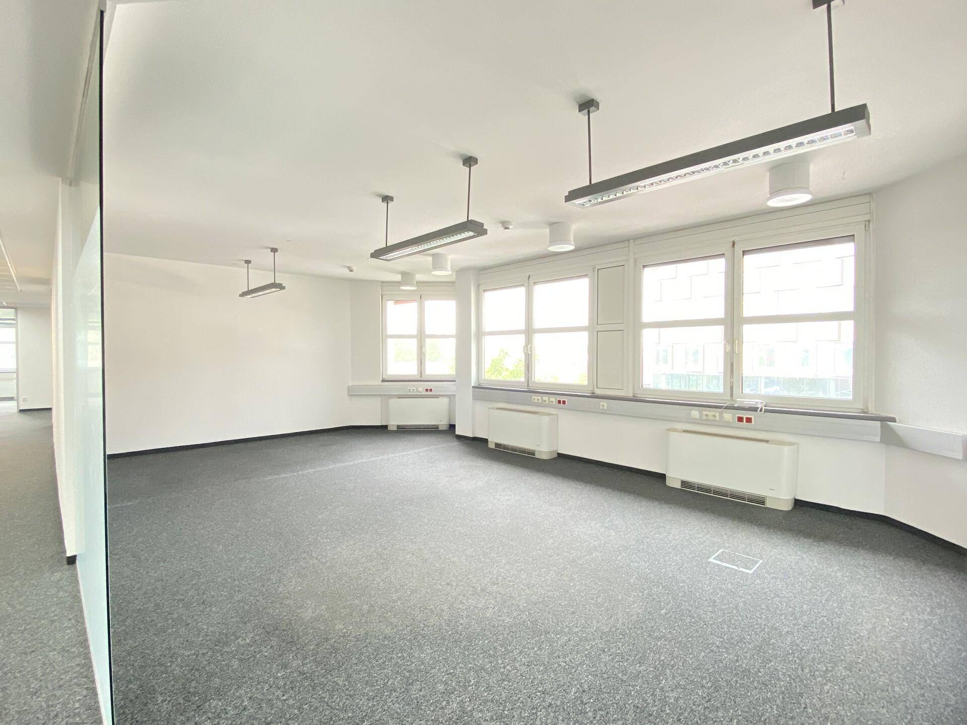 Helles Büro mit grauem Teppichboden, großen Fenstern und modernen Deckenleuchten.