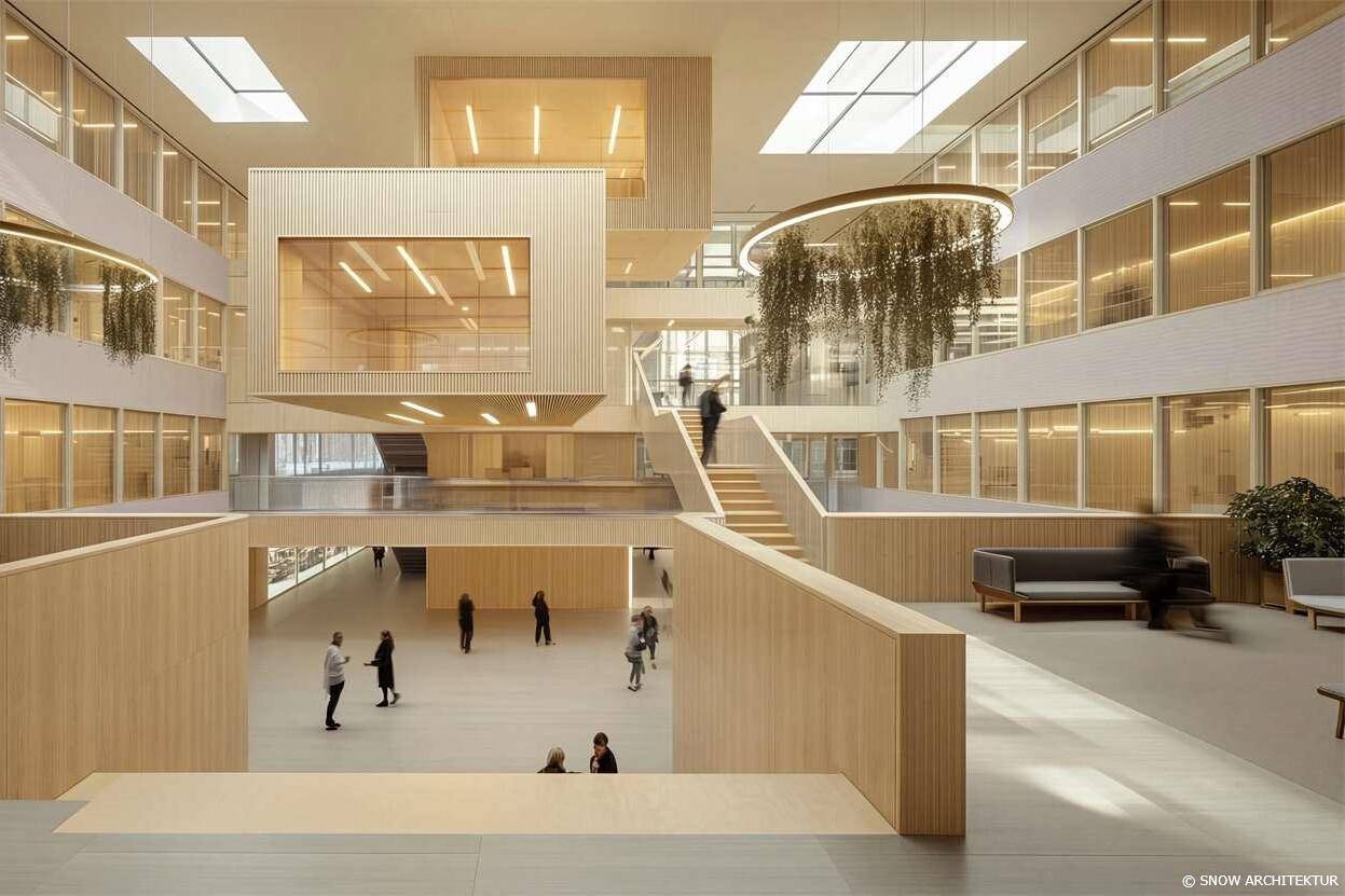 Helles, modernes Atrium mit Holzverkleidungen, Oberlichtern und schwebenden Pflanzenelementen, belebt durch Menschen.