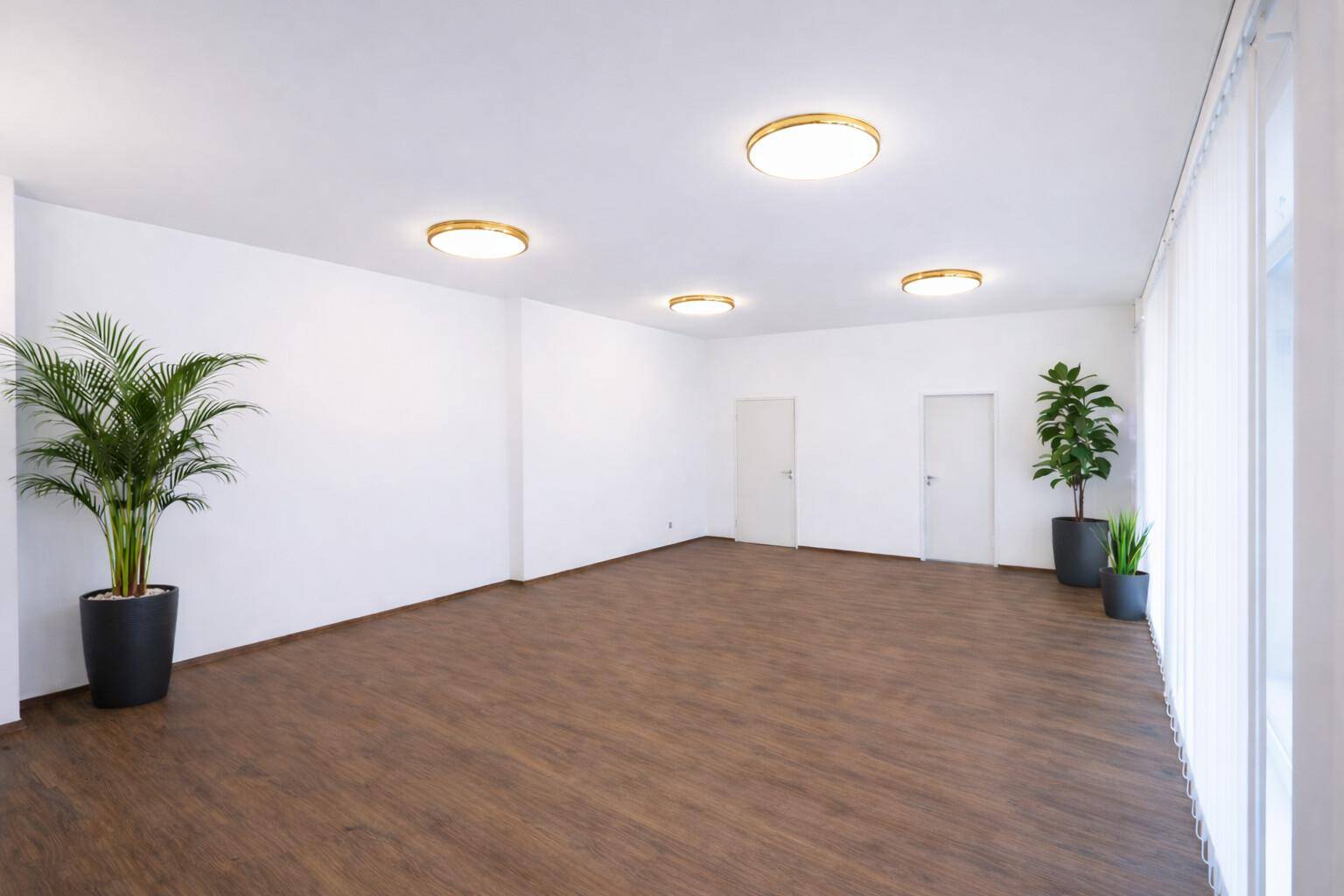 Heller, leerer Raum mit dunklem Laminatboden, weißen Wänden und dekorativen Pflanzen, ideal für verschiedene Nutzungen.