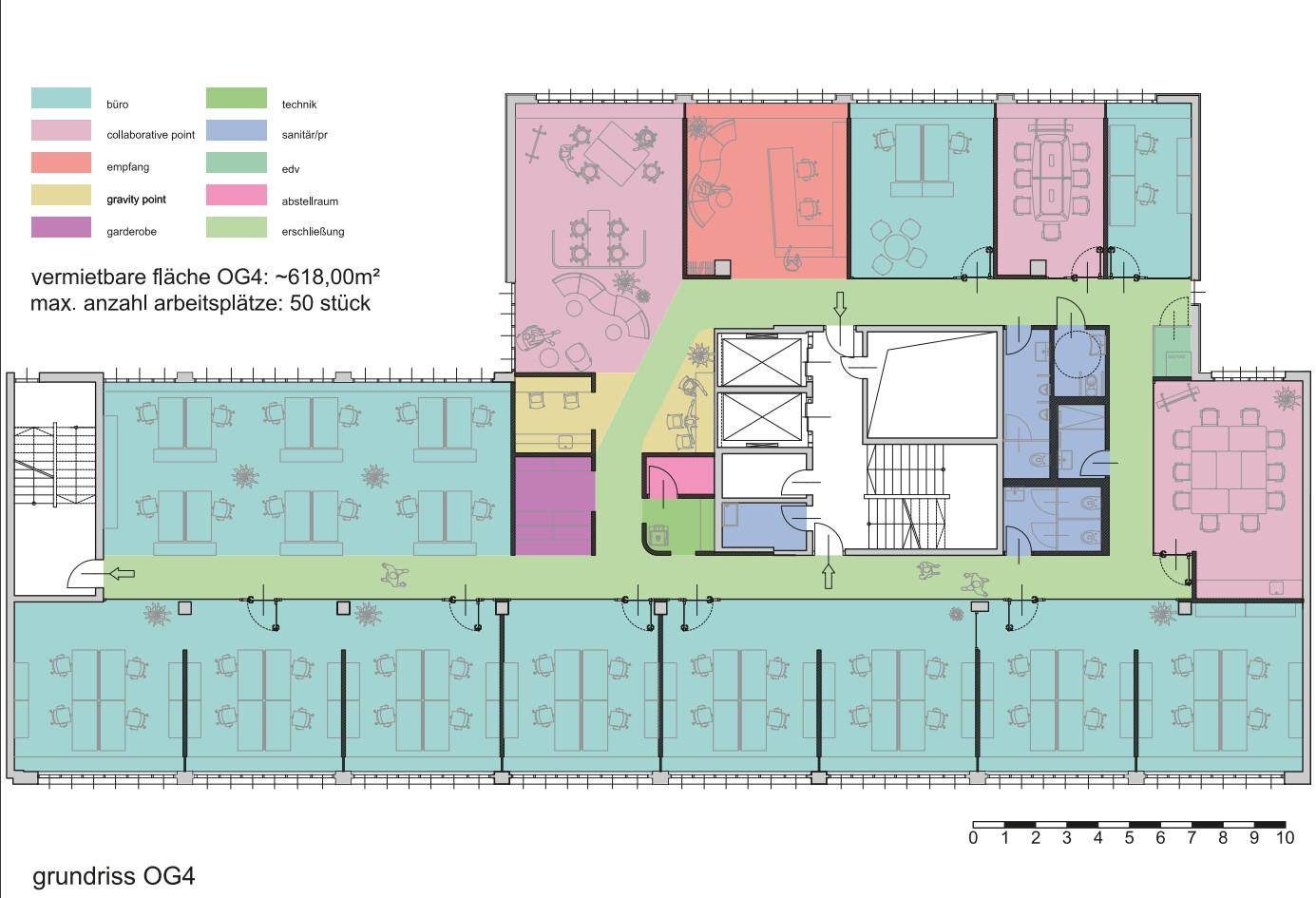 Farbkodierter Grundriss des vierten Obergeschosses mit verschiedenen Funktionsbereichen und Arbeitsplätzen.