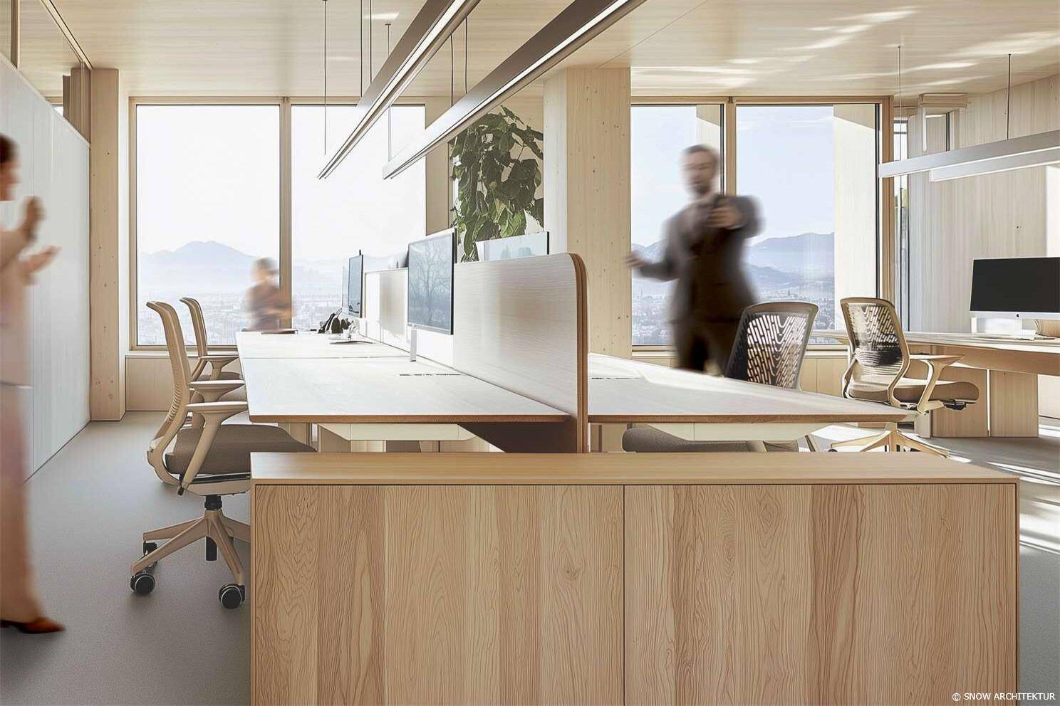 Helles, modernes Großraumbüro mit Holzmöbeln, ergonomischen Stühlen und Bergblick durch große Fenster.
