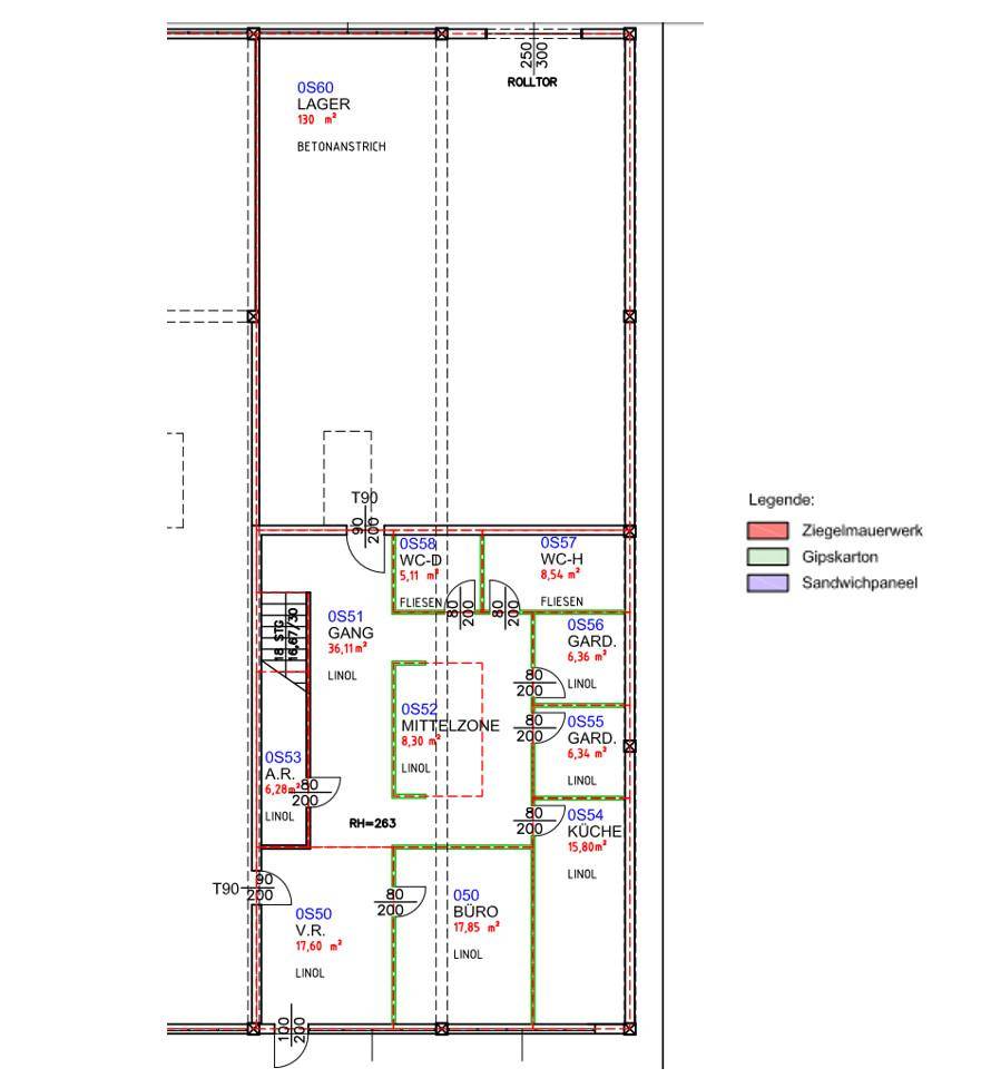 Grundriss des Erdgeschosses mit Lager, Büros, Küche und Sanitärbereichen.