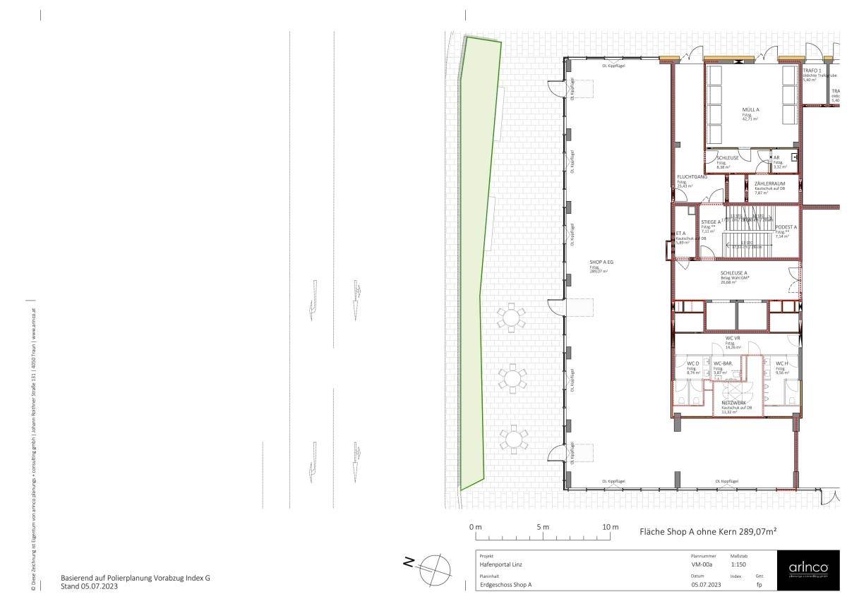 Grundriss für Shop A mit einer Fläche von 289,07 m² und Außenbereich.