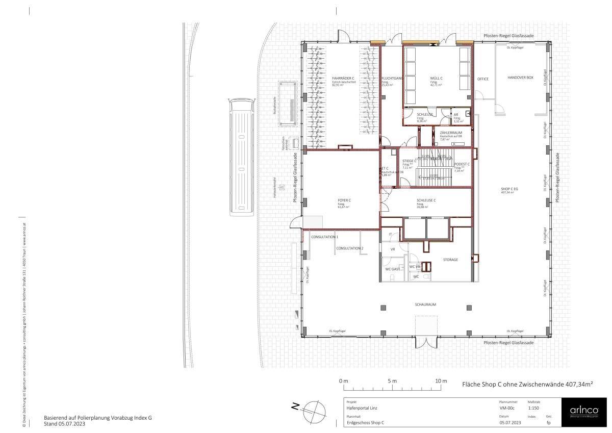 Grundriss für Shop C mit einer Fläche von 407,34 m² und flexiblen Zwischenwänden.