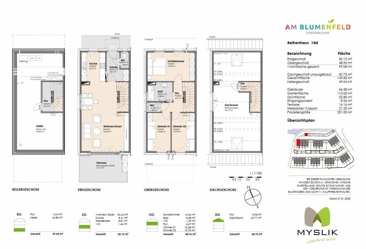 Detaillierter Grundriss eines Reihenhauses über vier Etagen mit Terrasse und Garten.