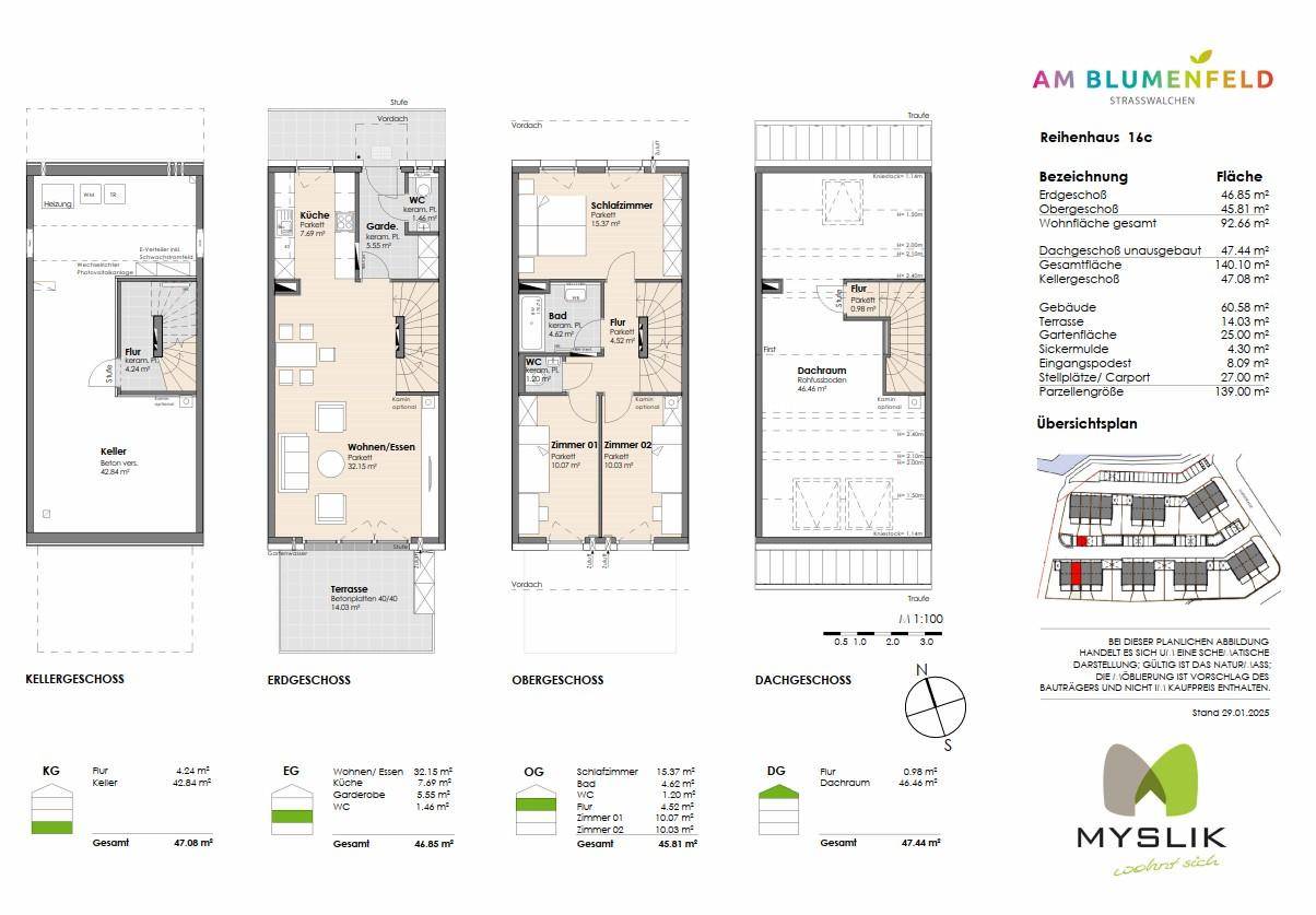 Detaillierter Grundrissplan eines Reihenhauses über mehrere Etagen mit Keller und Dachgeschoss.