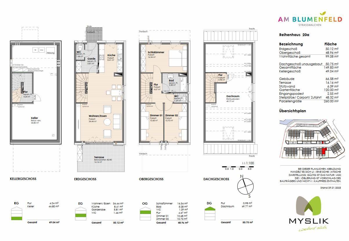 Detaillierter Grundriss eines Reihenhauses mit Keller, Erd-, Ober- und Dachgeschoss.