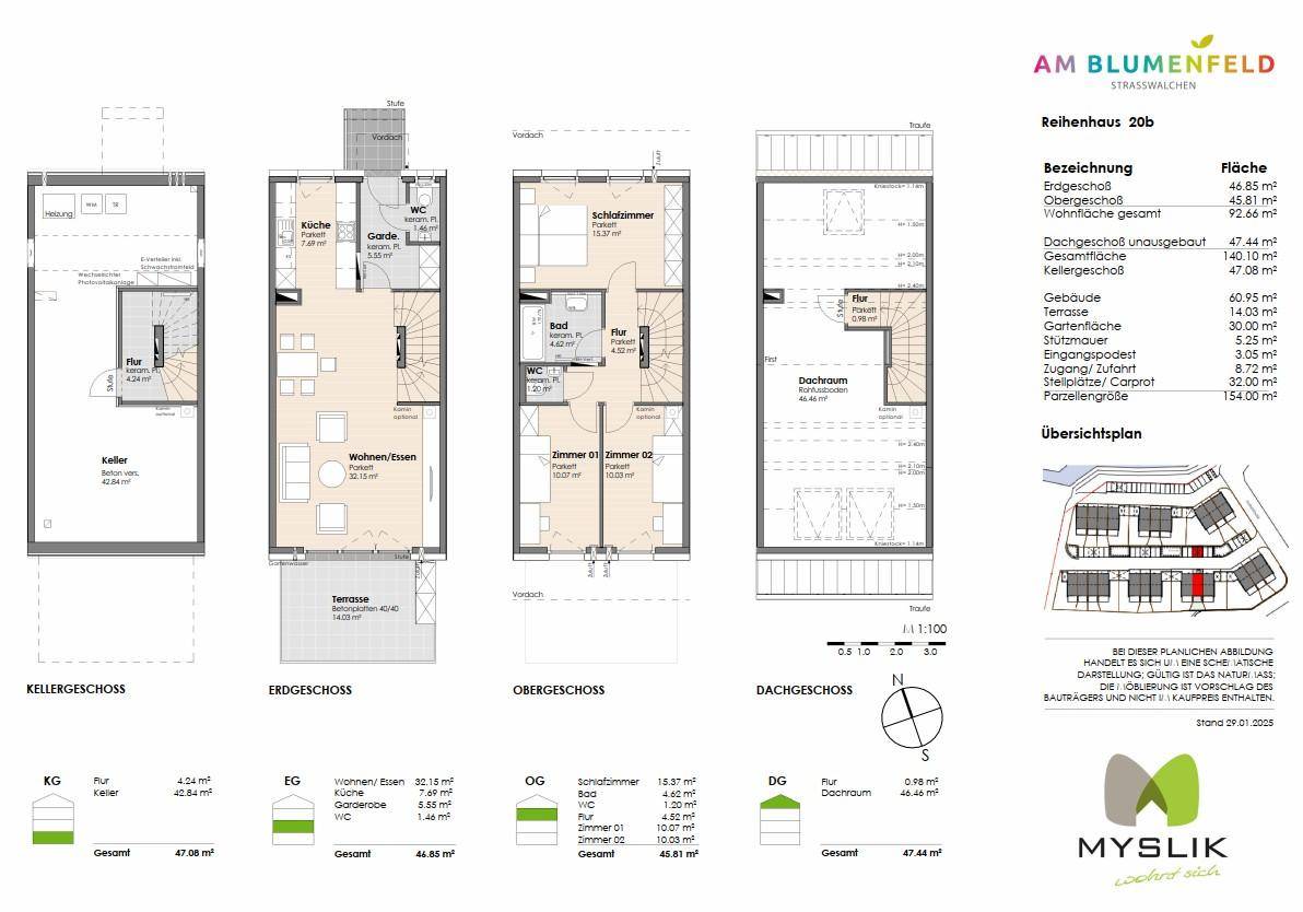 Detaillierter Grundrissplan eines Reihenhauses über Keller-, Erd-, Ober- und Dachgeschoss.