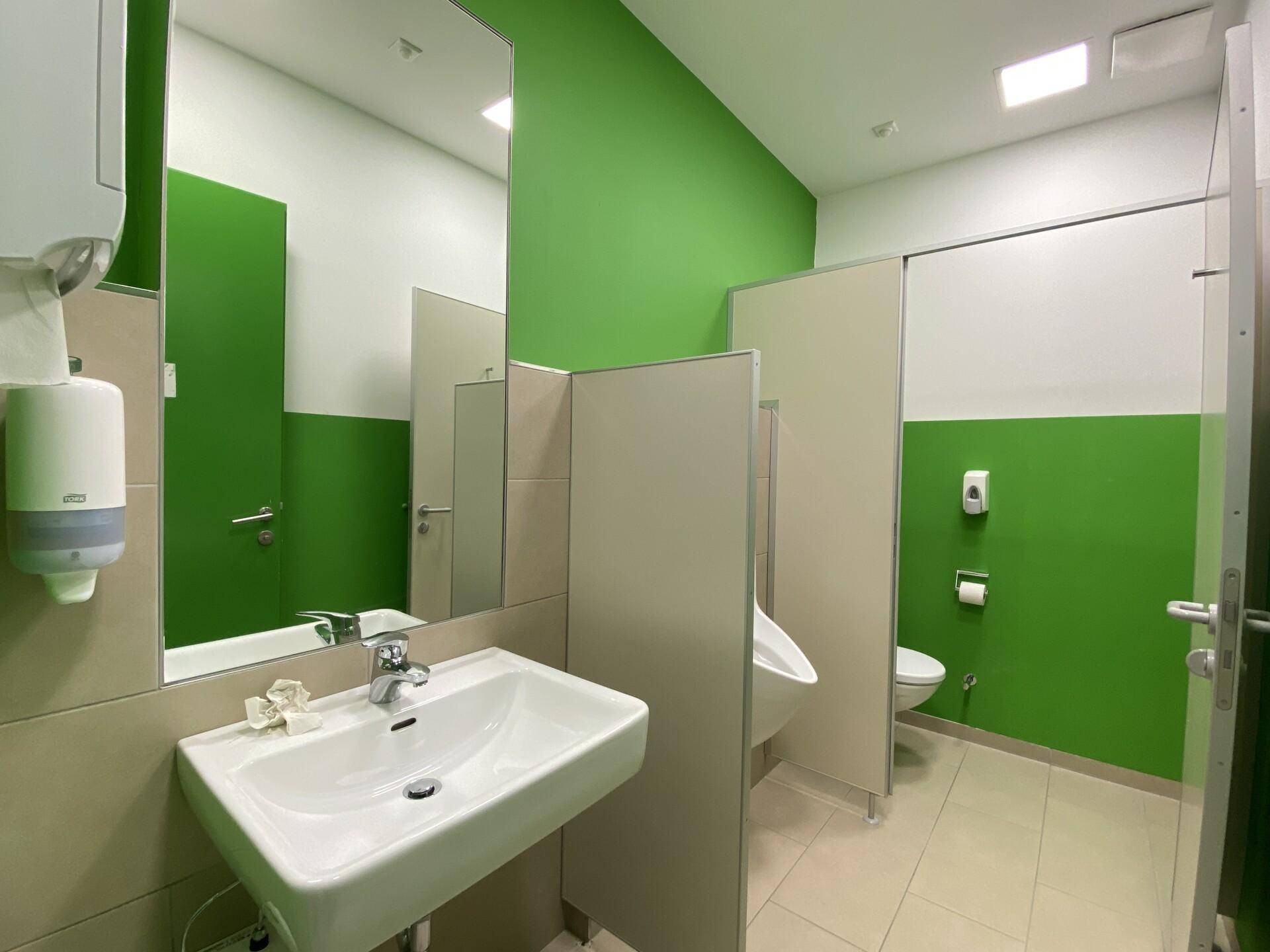 Moderne Herrentoilette mit Urinal, Waschbecken und Spiegel, akzentuiert durch grüne Wände.