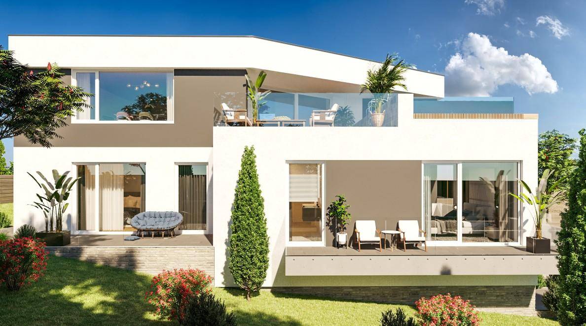Moderne Hausfassade mit mehreren Terrassen und einem gepflegten Gartenbereich.