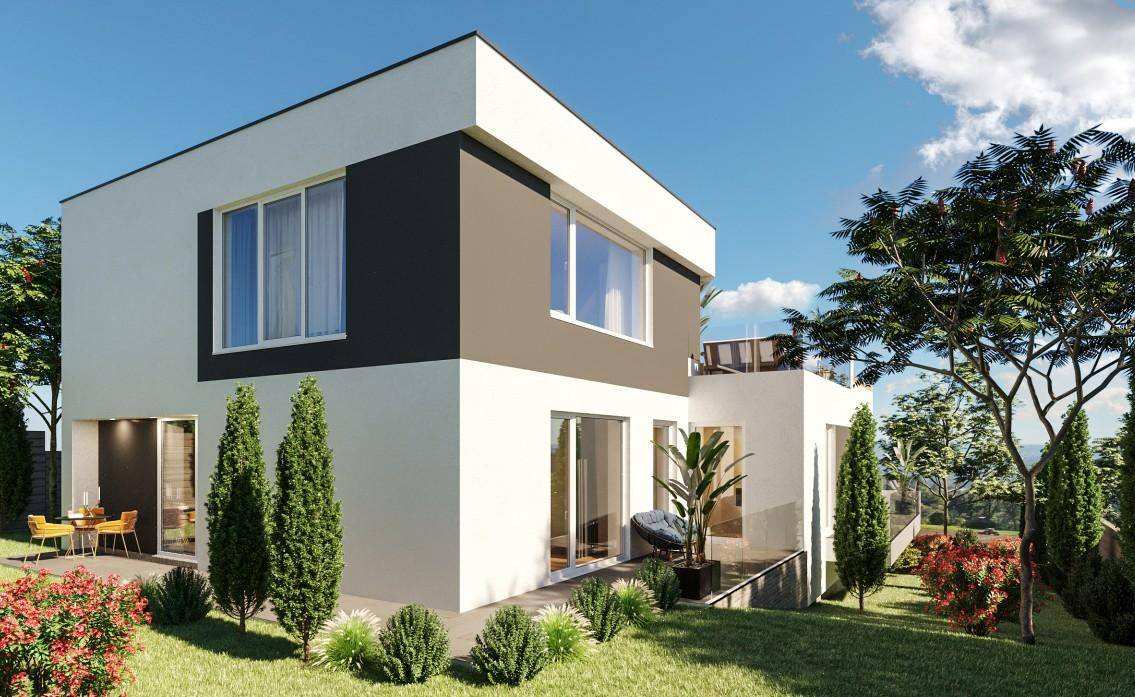 Seitenansicht des modernen Hauses mit klaren Linien und umgebender grüner Landschaft.