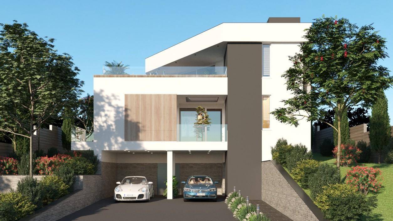 Moderne Hausansicht von vorne mit Zufahrt und überdachtem Parkplatz für zwei Fahrzeuge.