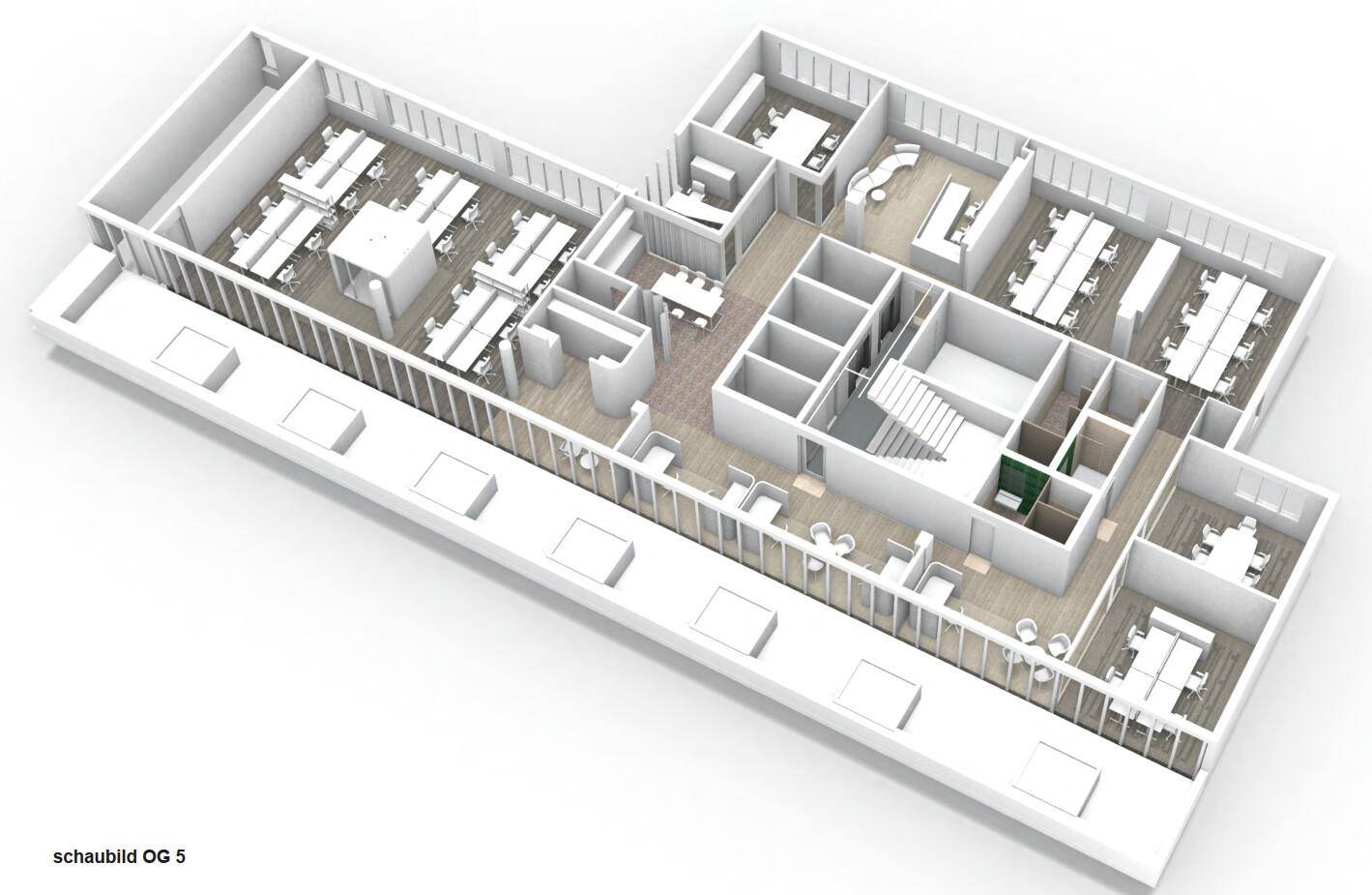 3D-Grundrissdarstellung eines Bürogeschosses mit verschiedenen Arbeitsbereichen und Besprechungsräumen.