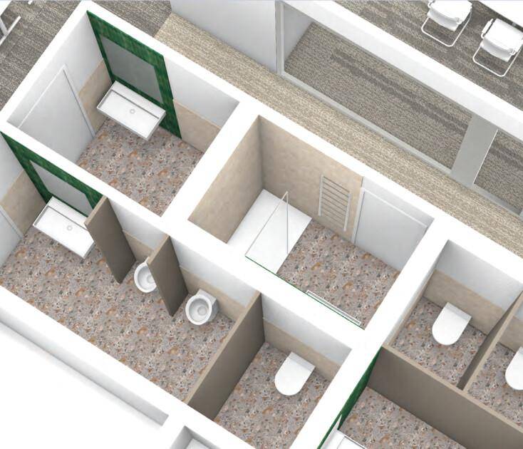 Detaillierte 3D-Ansicht der modernen Sanitärbereiche mit Duschen und wandhängenden Toiletten im Bürogeschoss.