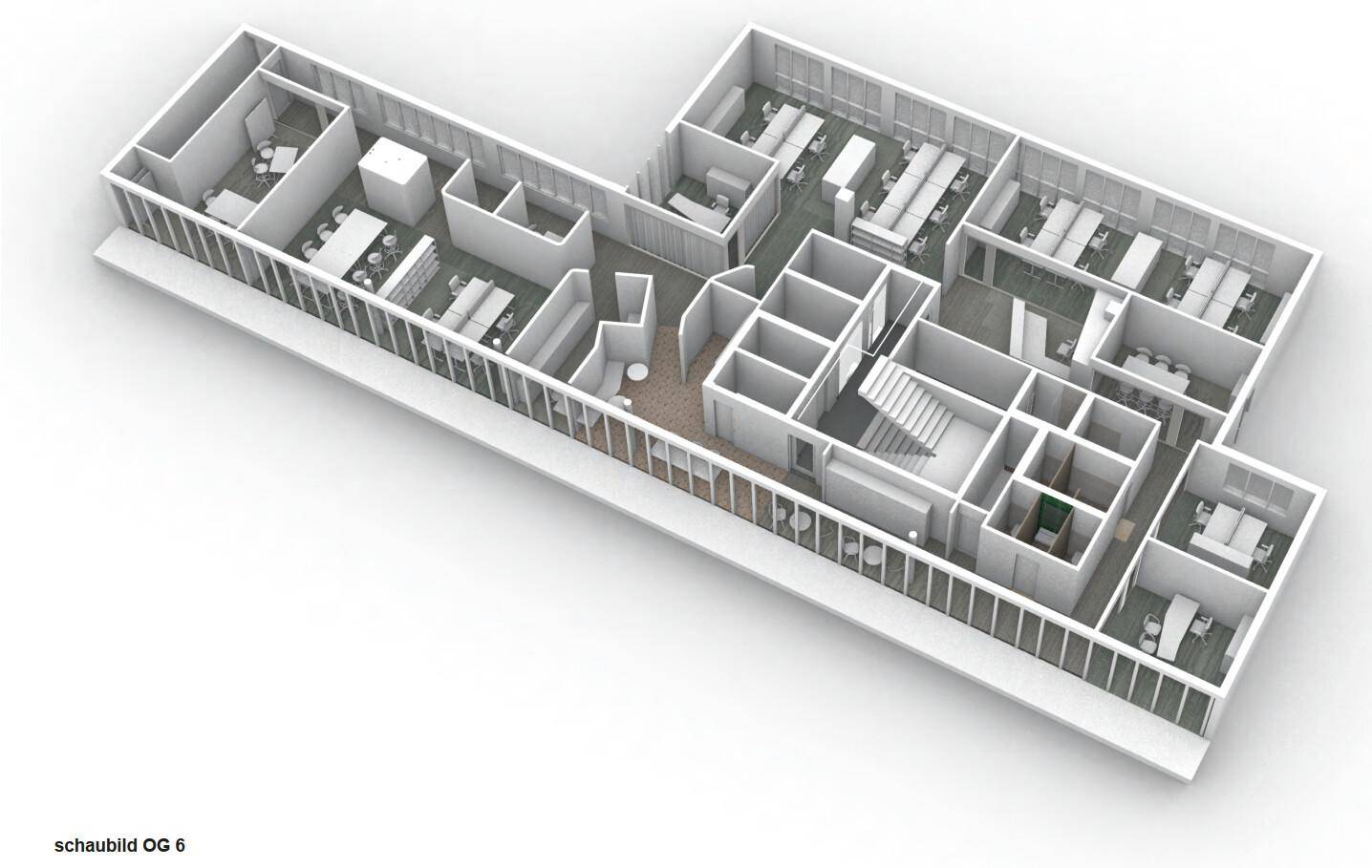 3D-Grundriss eines Bürogeschosses mit verschiedenen Arbeitsbereichen und Besprechungsräumen.