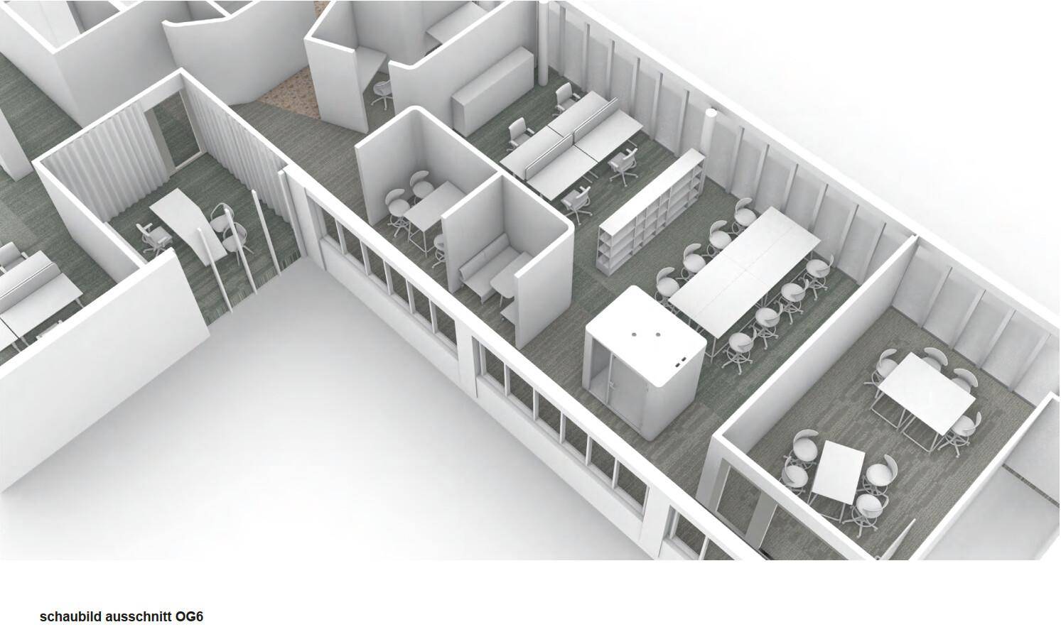 Ausschnitt eines 3D-Grundrisses mit flexiblen Büroarbeitsplätzen und Gemeinschaftsbereichen.
