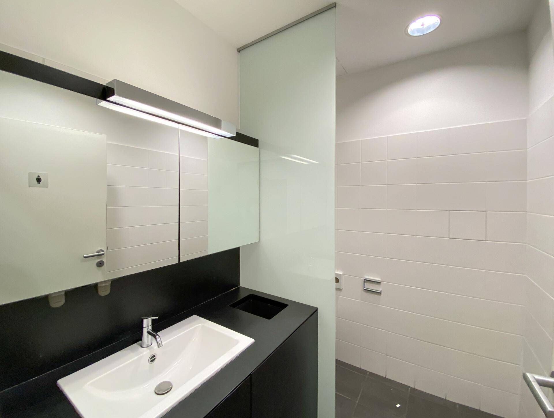 Modernes Badezimmer mit weißer Keramik, dunklen Oberflächen und einer Duschkabine.