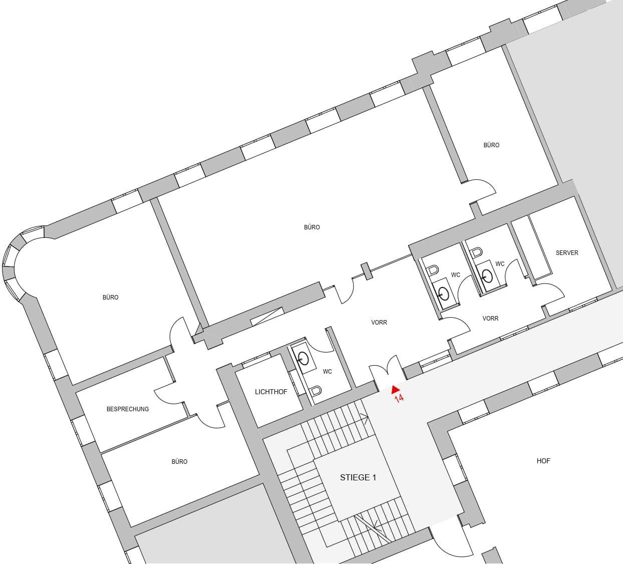 Grundrissplan eines Bürogebäudes mit mehreren Büros, Besprechungsräumen und WCs.