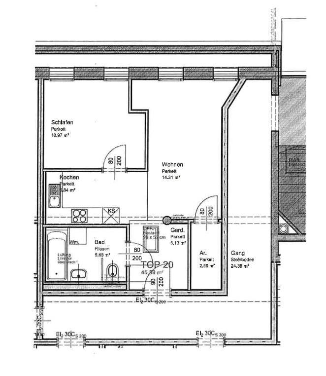 Grundriss einer Wohnung mit Schlafzimmer, Wohnzimmer, Küche und Bad sowie Balkon.