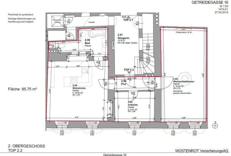 Detaillierter Grundriss der Wohnung mit 85,75 m² und Raumaufteilung.