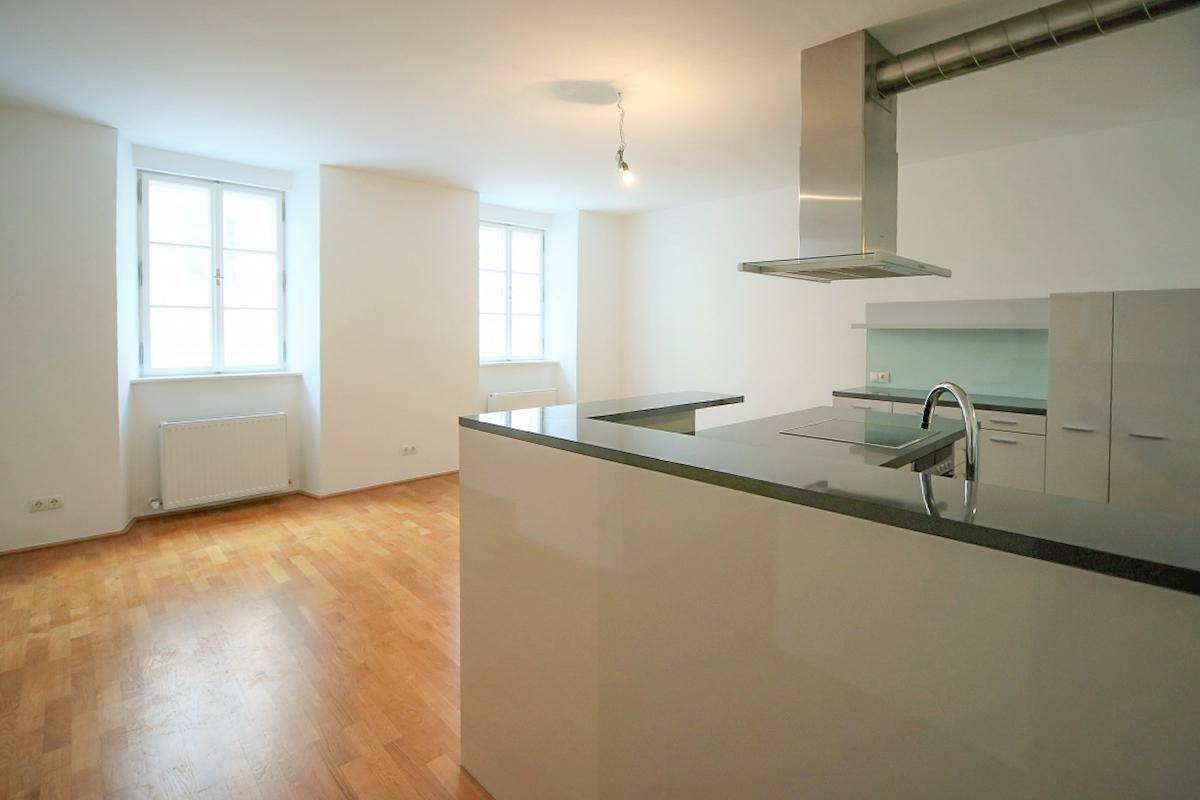Moderne Küche mit Kochinsel, Induktionskochfeld und offenem Übergang zum Wohnbereich.