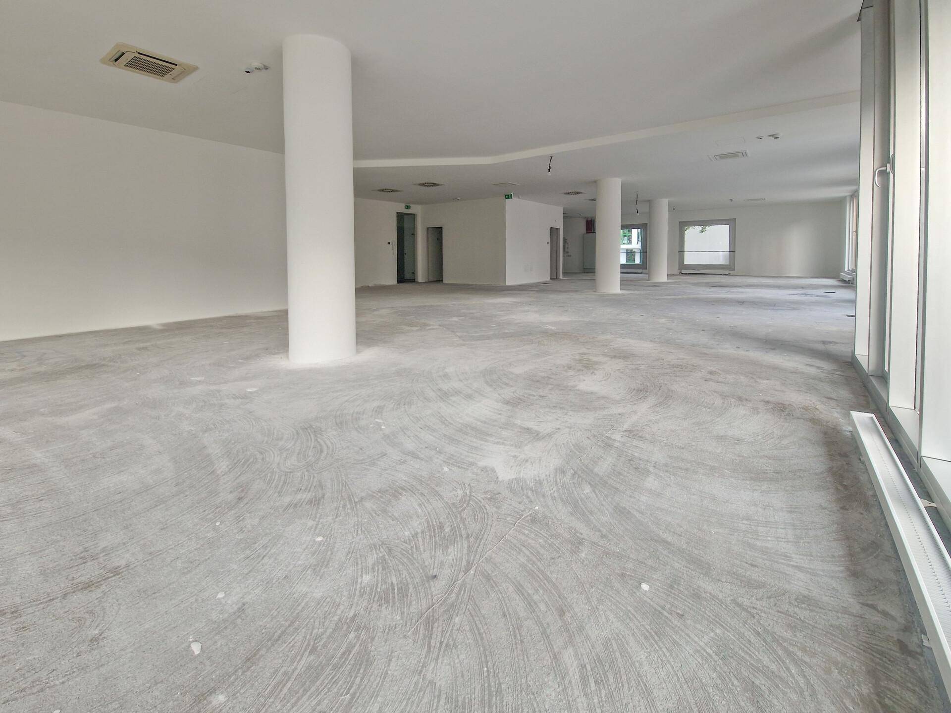 Weitläufiger, offener Bürobereich mit Säulen, großen Fenstern und einem unfertigen Betonboden.