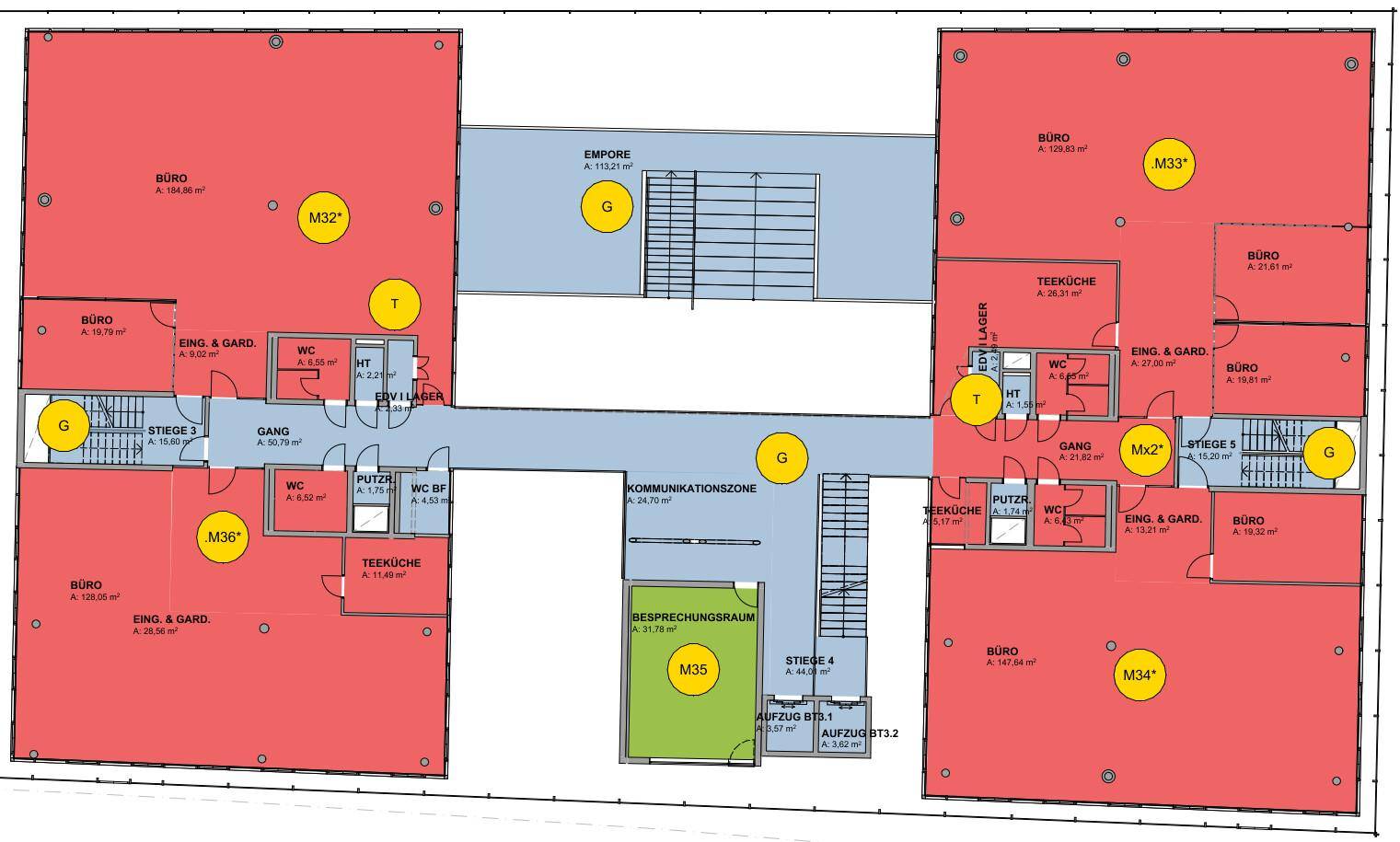 Detaillierter Grundriss einer Büroetage mit verschiedenen Büros, Teeküchen und Kommunikationszonen.
