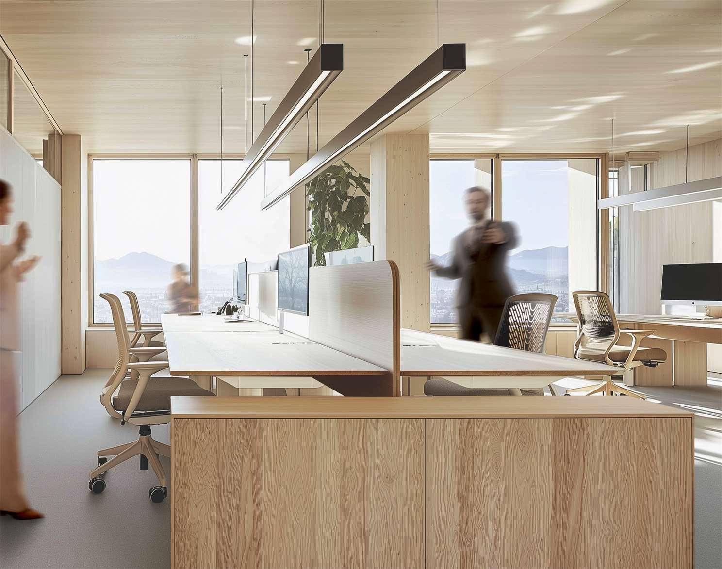 Helles, modernes Büro mit großen Fenstern, Holzelementen und ergonomischen Arbeitsplätzen.