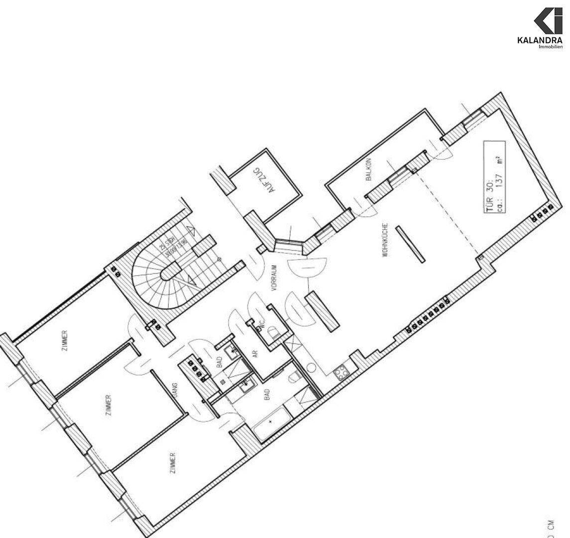 Grundriss einer Wohnung mit drei Zimmern, Balkon und offenem Wohnbereich.