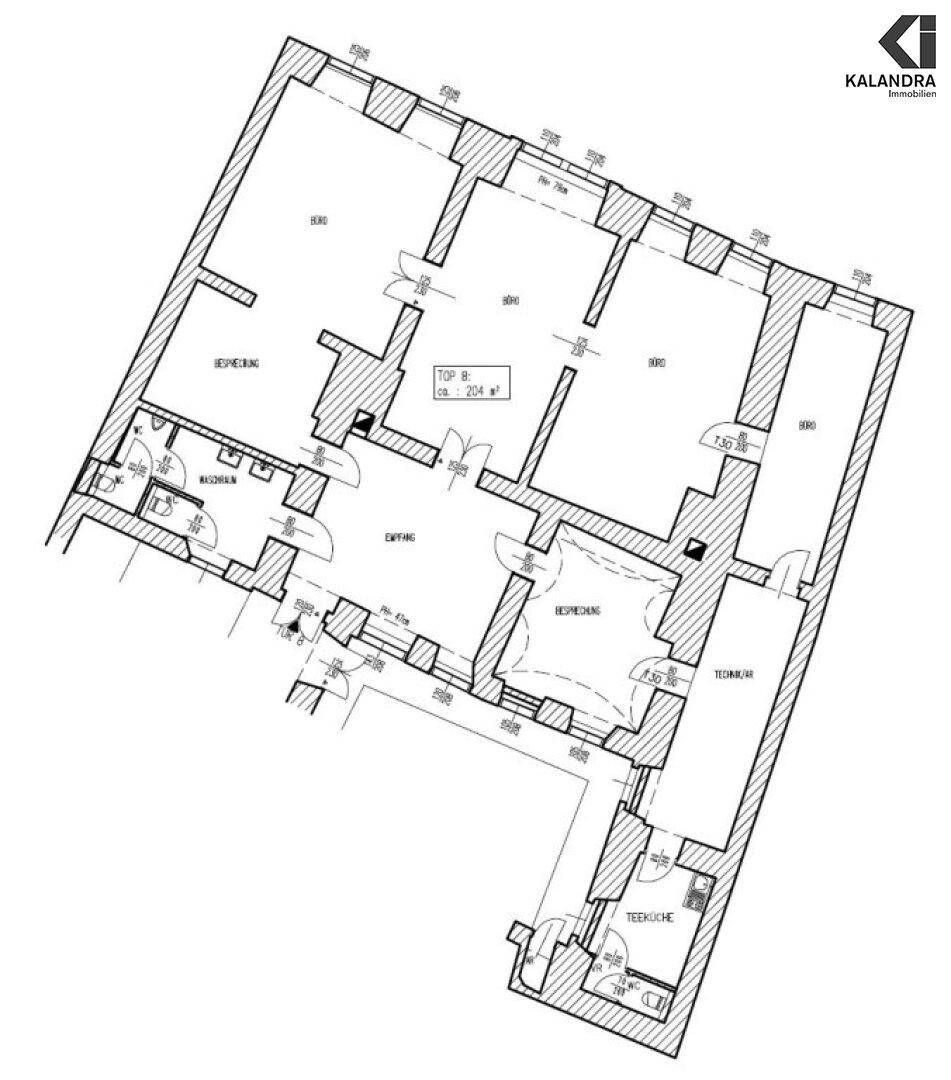 Grundrissplan einer Bürofläche von ca. 204 m² mit mehreren Räumen und einer praktischen Teeküche.