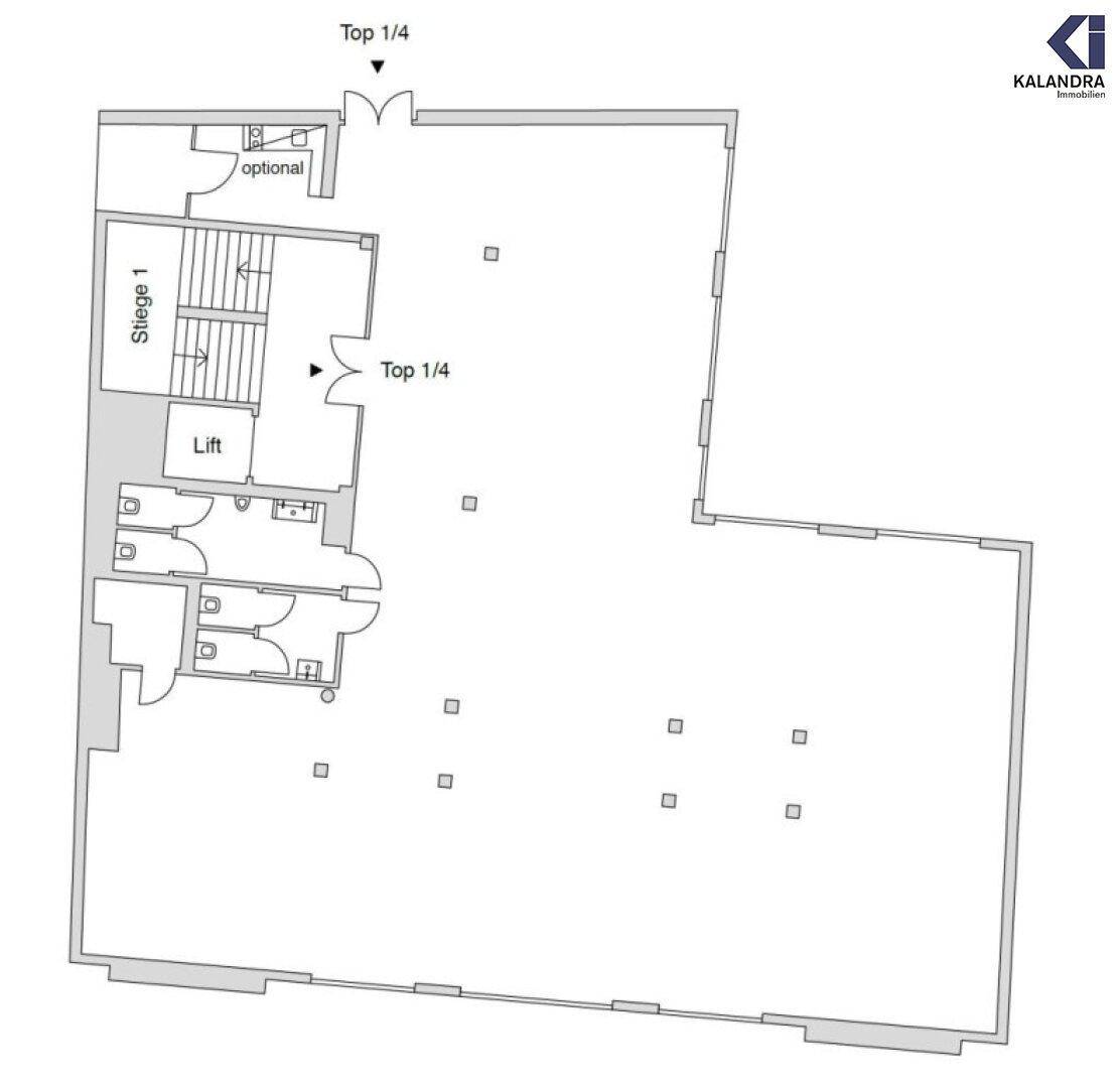 Grundriss eines Bürogeschosses mit Treppenhaus, Aufzug und flexibler Raumaufteilung.