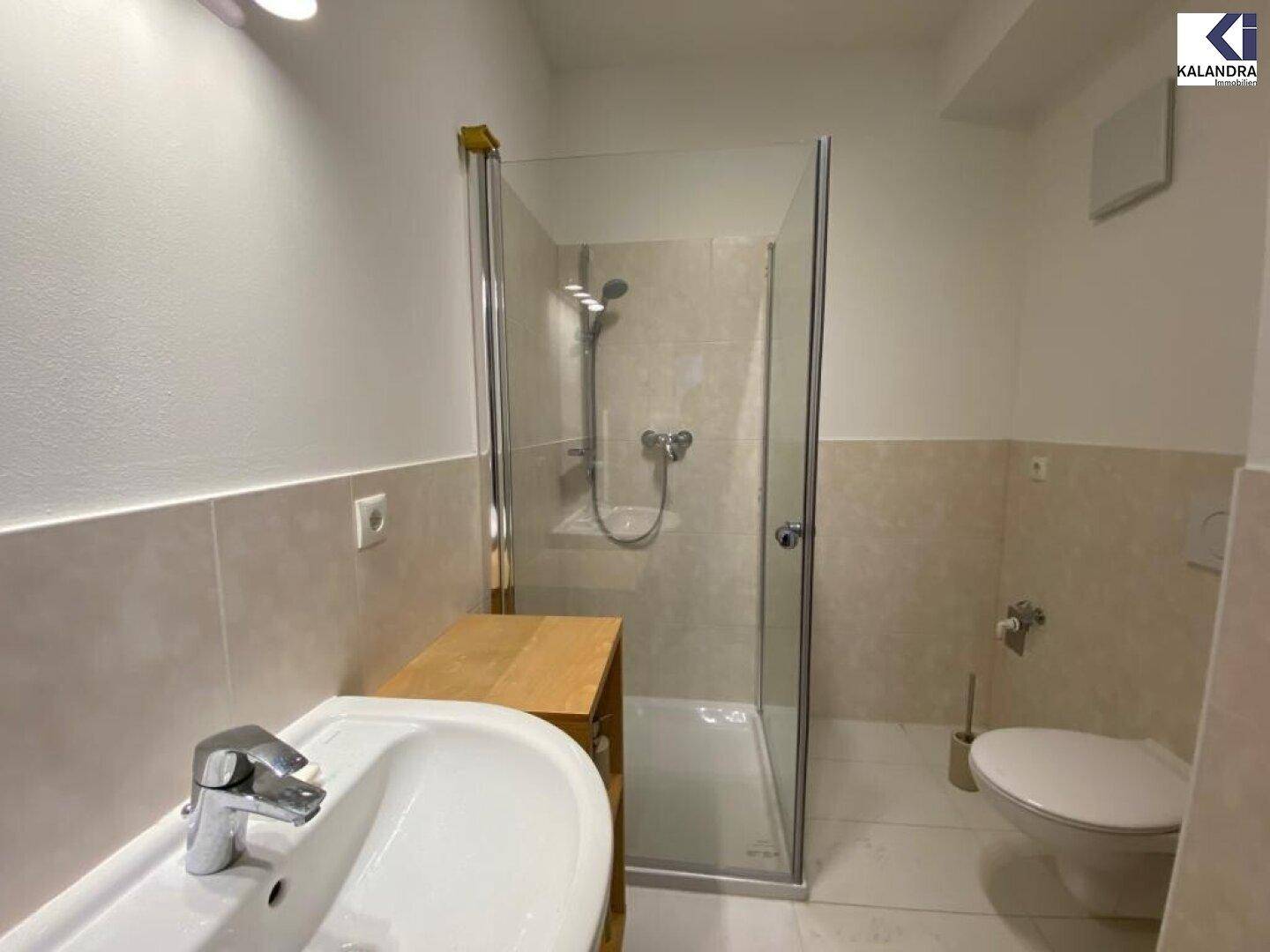 Modernes Badezimmer mit Duschkabine, Waschbecken und Wand-WC.