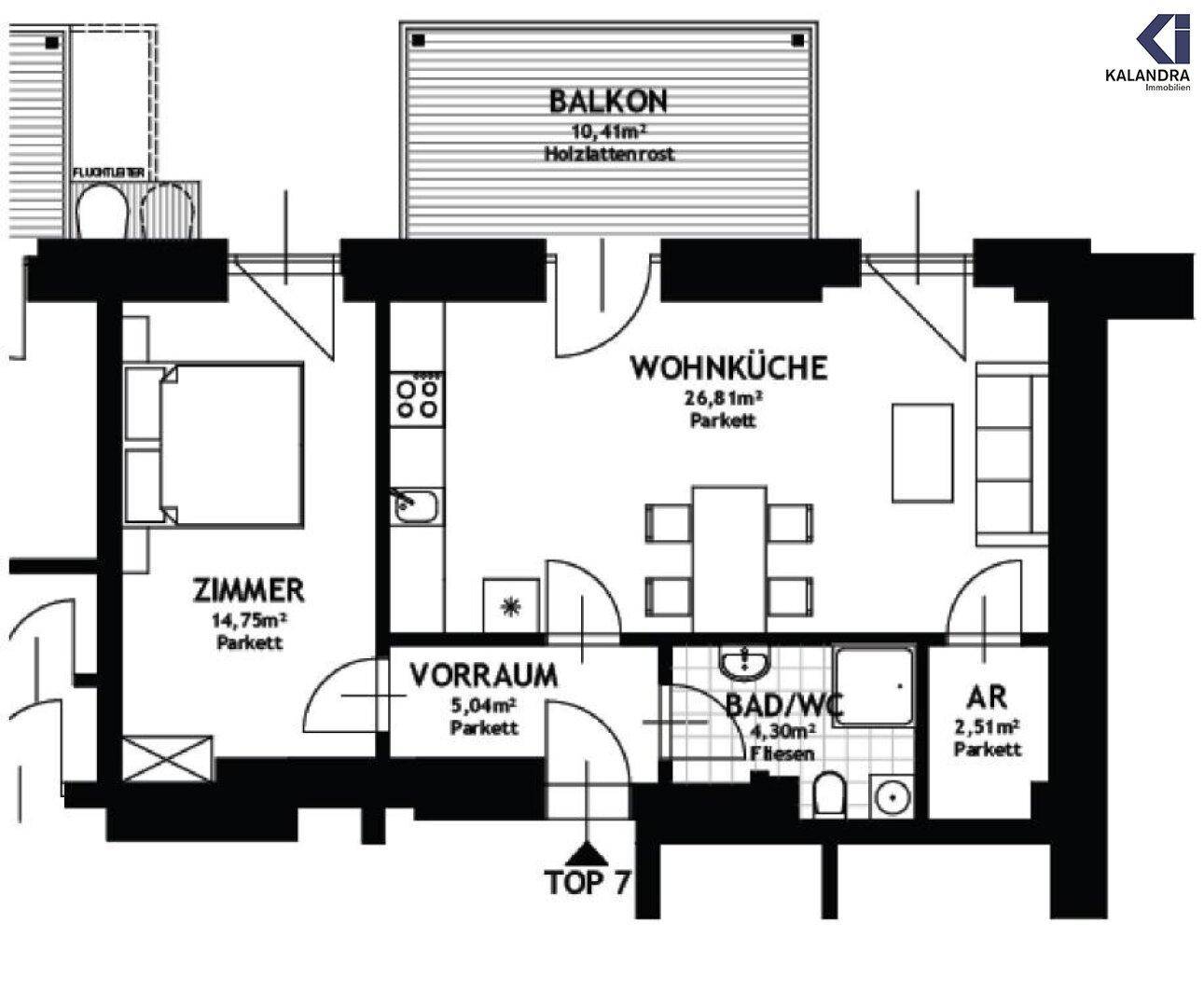 Grundriss der Wohnung mit Balkon, Wohnküche und einem Zimmer.