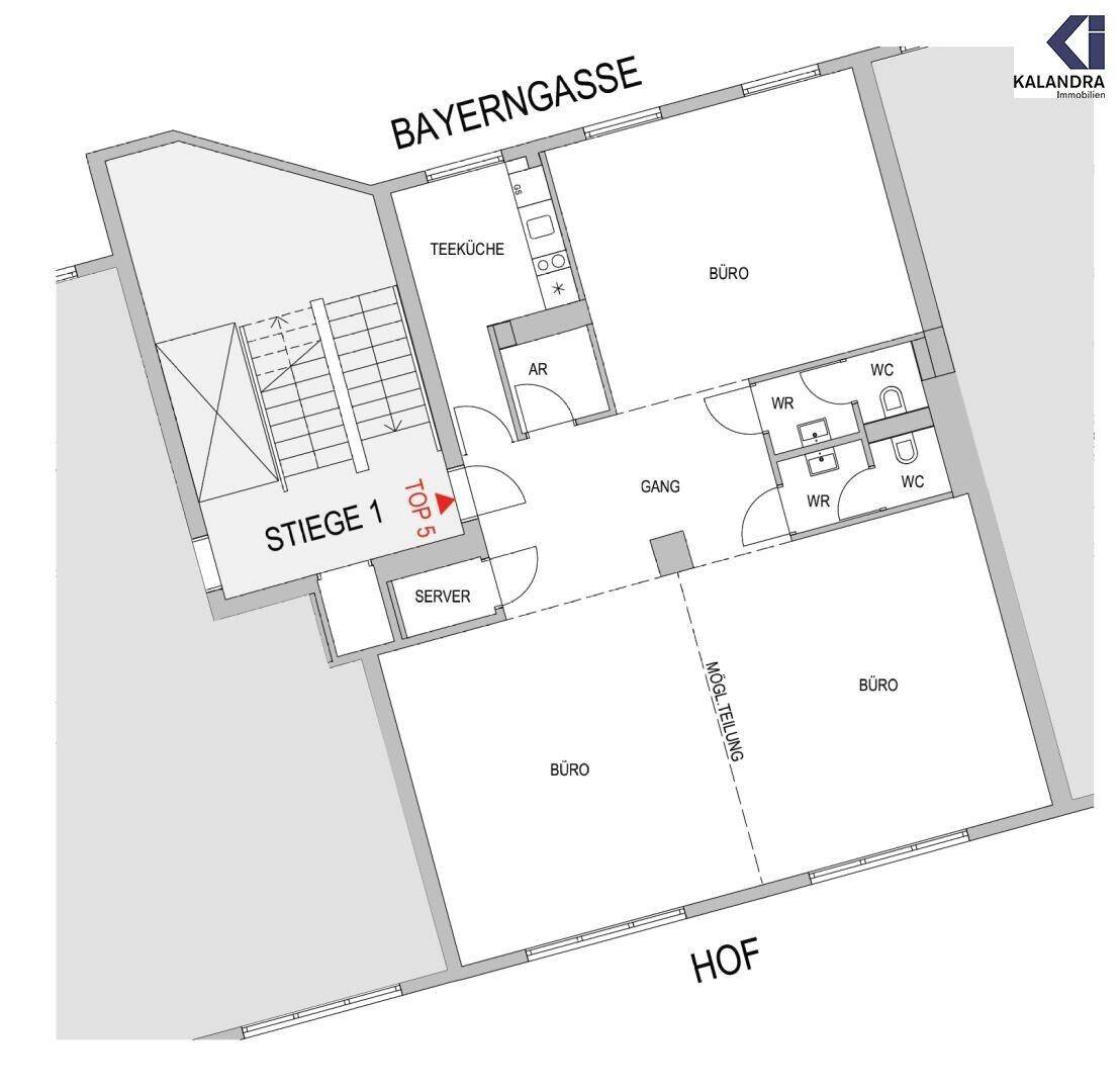 Grundrissplan einer Etage mit Büroräumen, Teeküche, Toiletten und Treppenhauszugang.