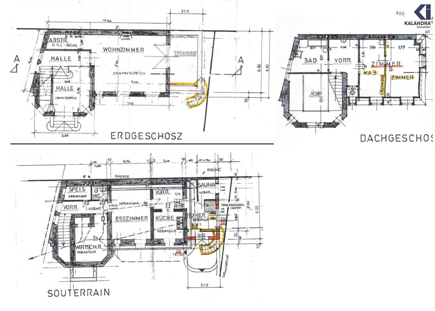 Grundrisspläne für Erdgeschoss, Dachgeschoss und Souterrain mit verschiedenen Räumen und Sauna.