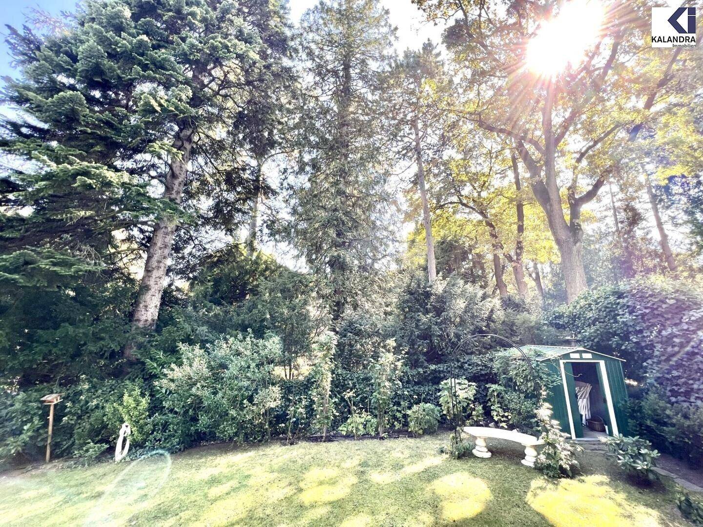 Idyllischer Gartenbereich mit üppiger Vegetation, einem Gartenhaus und viel Sonnenlicht.