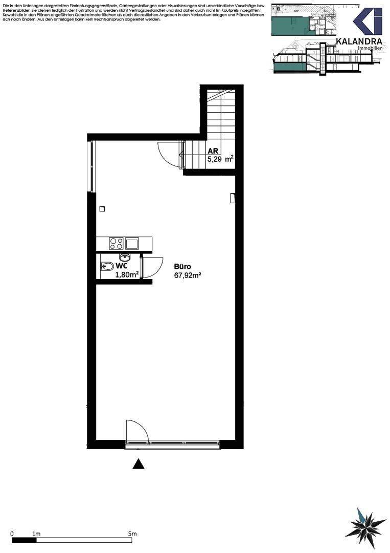 Grundrissplan eines Büros mit 67,92m² und separatem WC-Bereich von 1,80m².