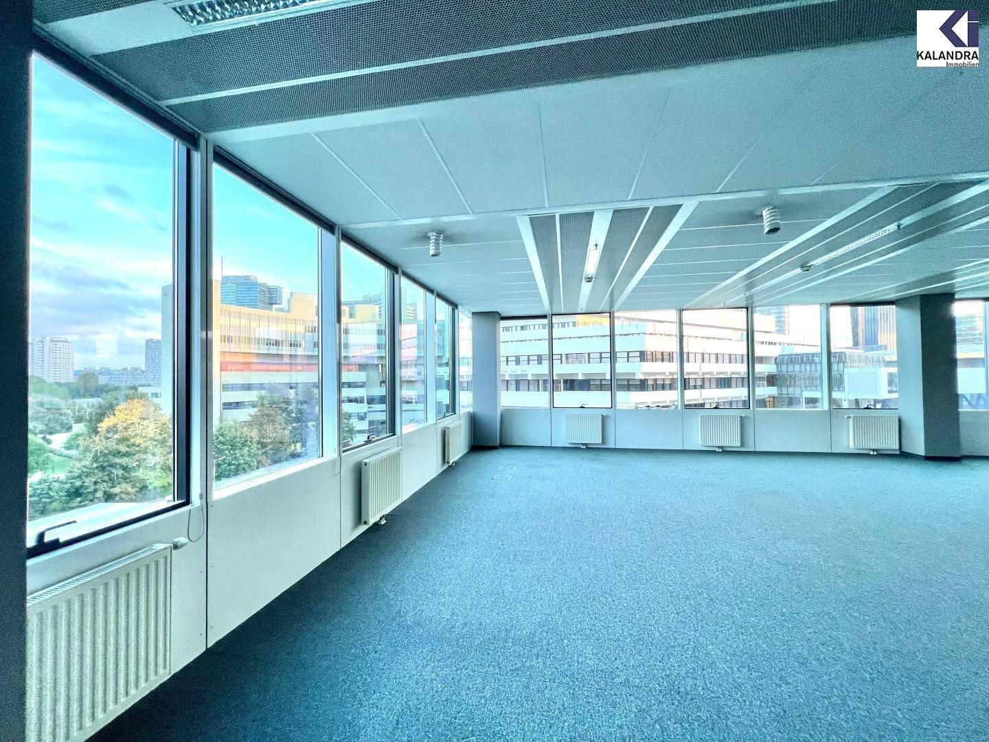Geräumiges, leeres Büro mit Teppichboden und großen Fenstern, die viel Tageslicht hereinlassen.